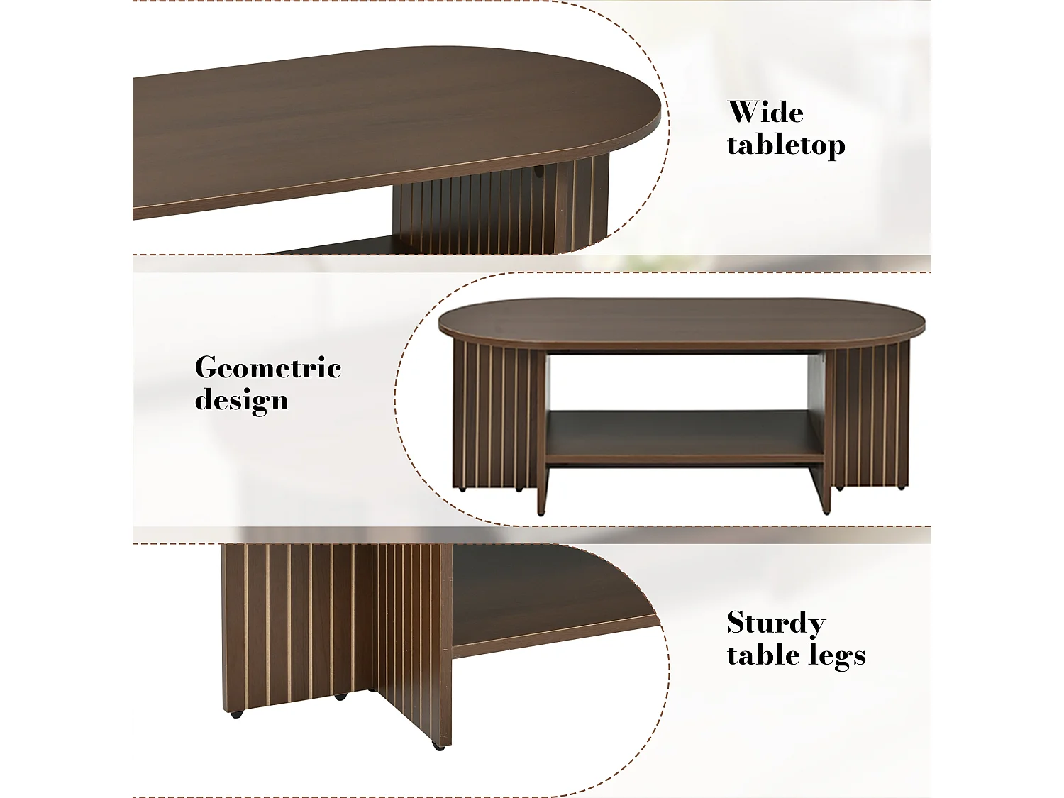 Table basse ovale avec rangement ouvert et côtés rainurés - MDF - 100 x 40 x 35 cm - Noyer