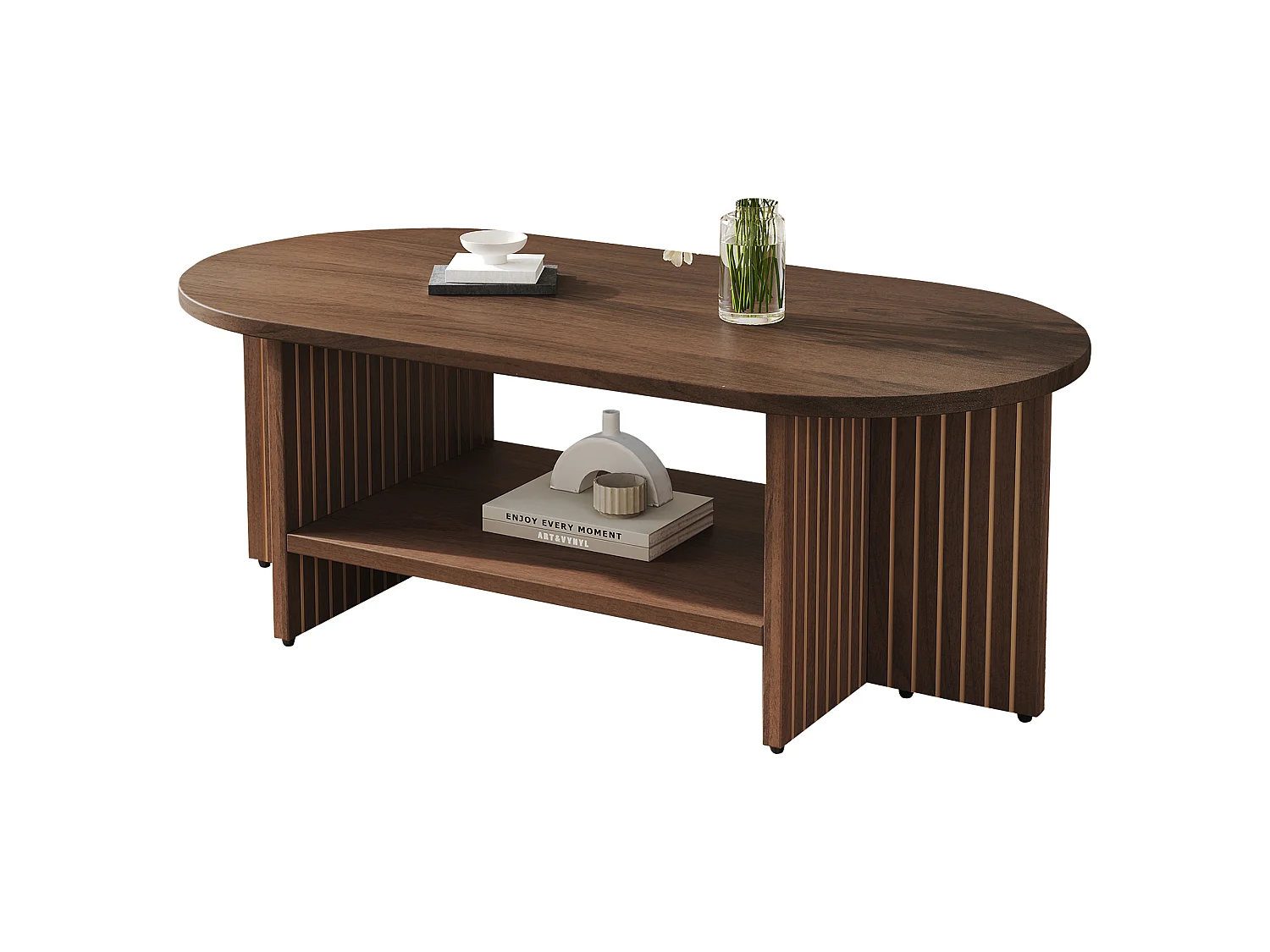Table basse ovale avec rangement ouvert et côtés rainurés - MDF - 100 x 40 x 35 cm - Noyer