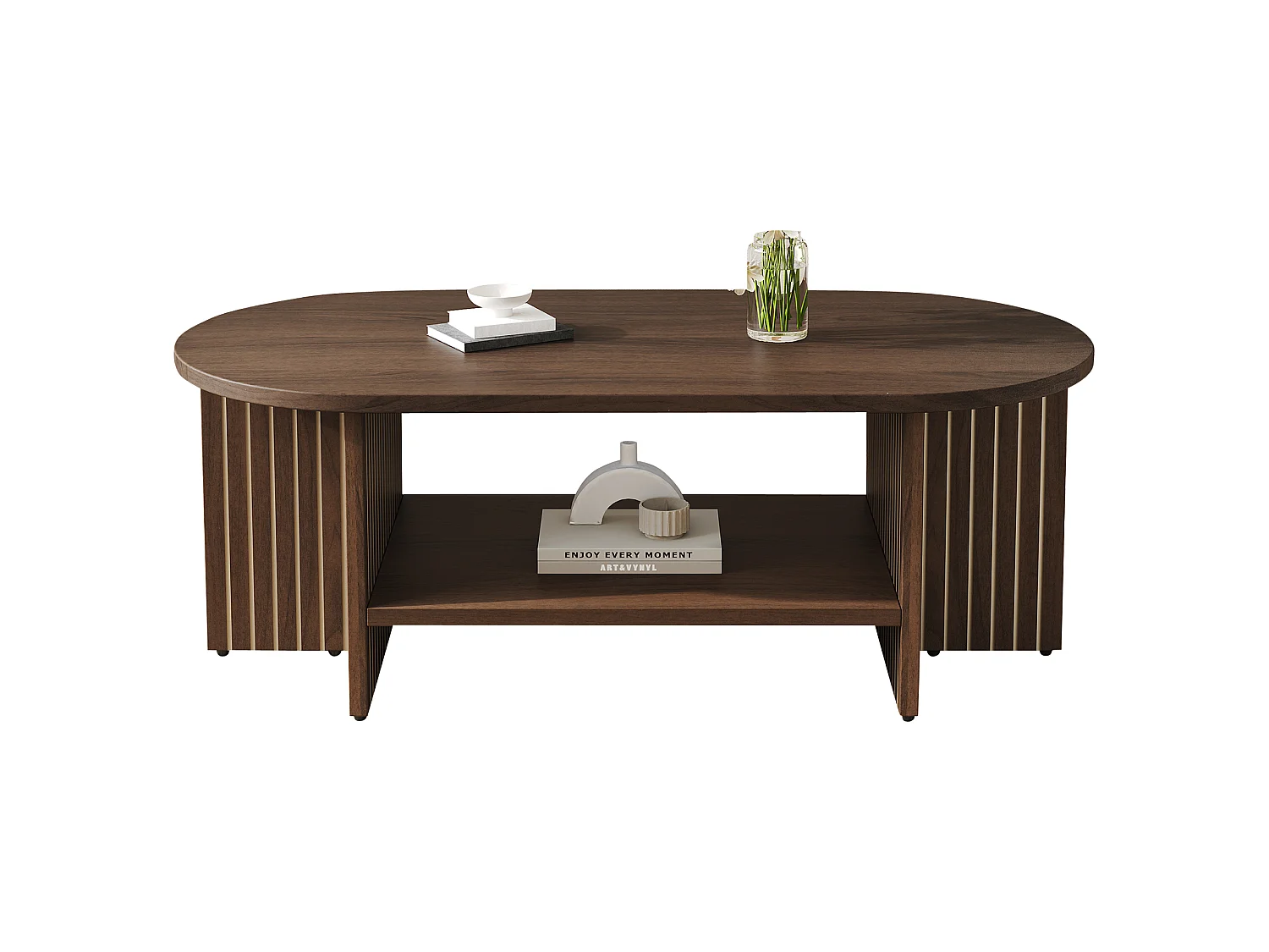 Table basse ovale avec rangement ouvert et côtés rainurés - MDF - 100 x 40 x 35 cm - Noyer
