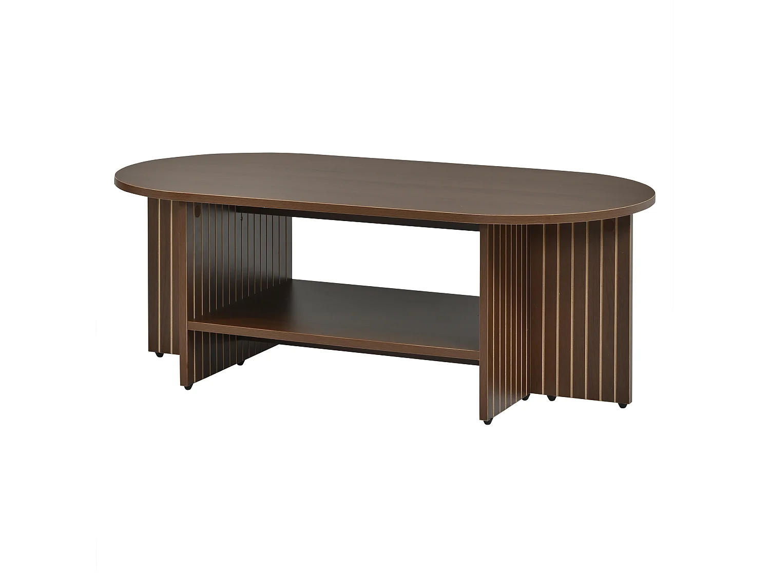 Table basse ovale avec rangement ouvert et côtés rainurés - MDF - 100 x 40 x 35 cm - Noyer