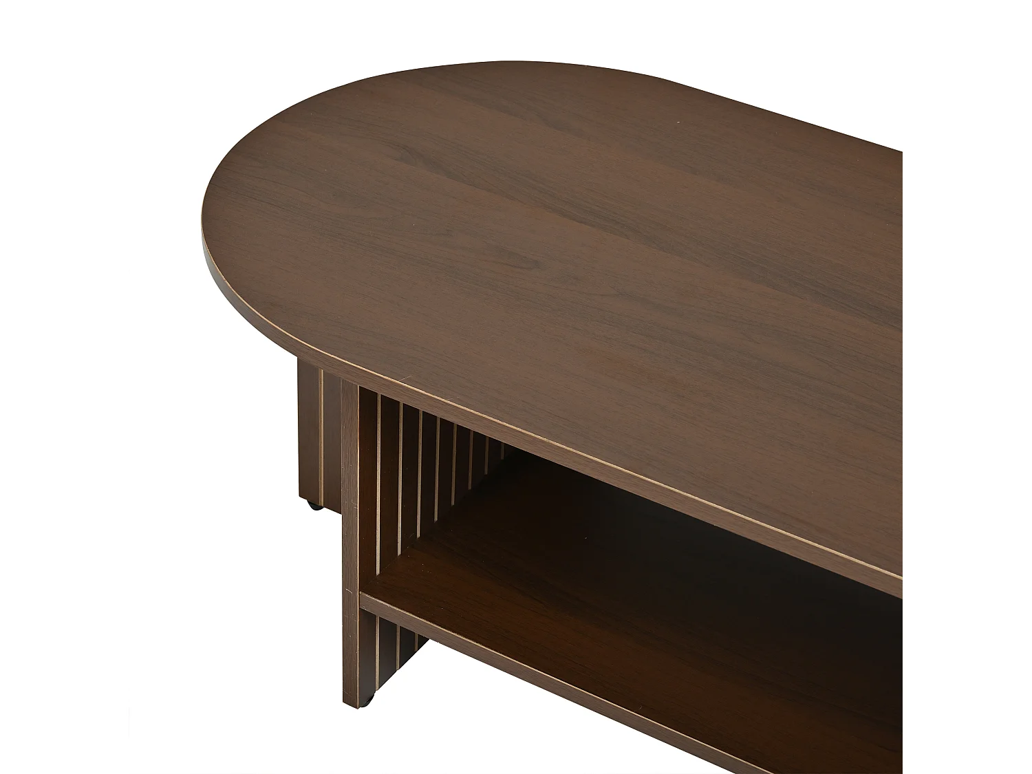 Table basse ovale avec rangement ouvert et côtés rainurés - MDF - 100 x 40 x 35 cm - Noyer