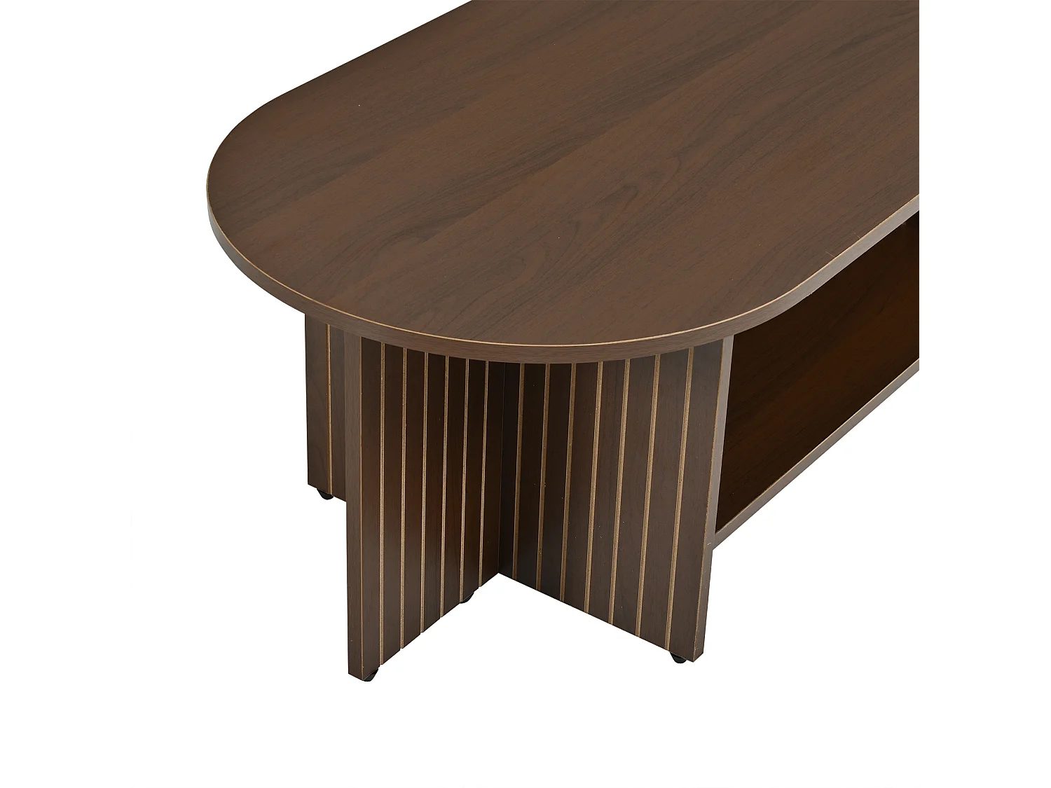 Table basse ovale avec rangement ouvert et côtés rainurés - MDF - 100 x 40 x 35 cm - Noyer