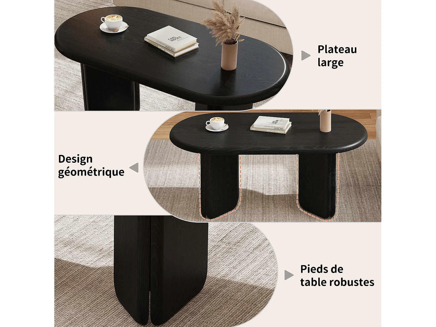 Oval coffee table with rounded legs - MDF - 99 x 50 x 40 cm - Black
