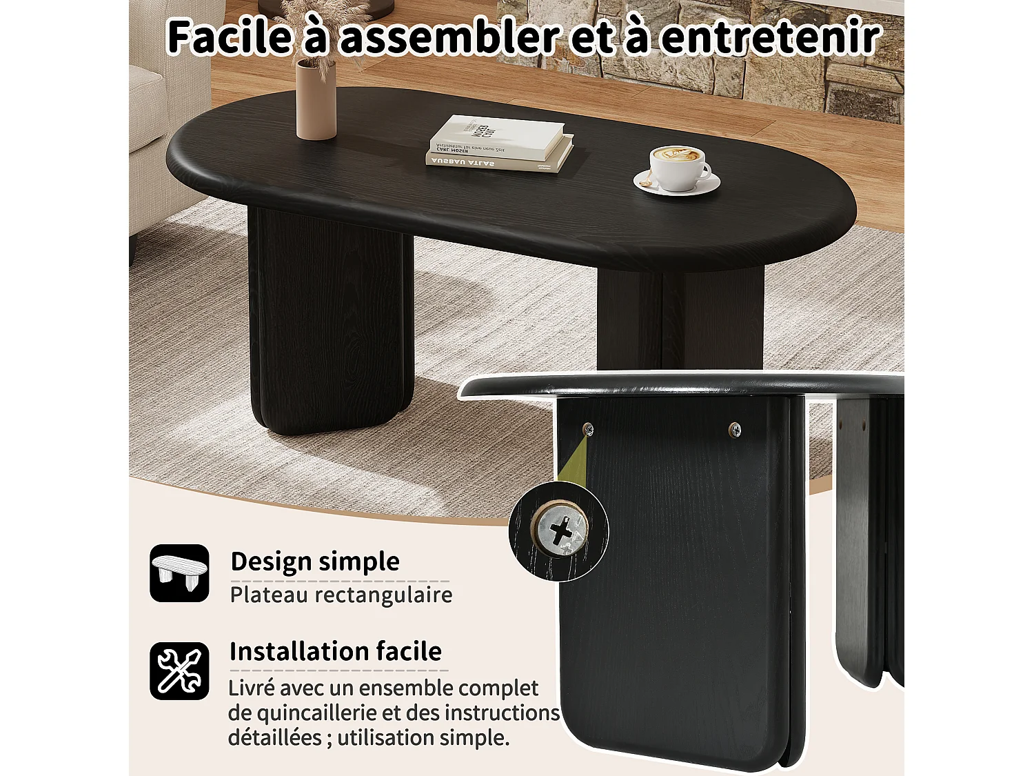 Oval coffee table with rounded legs - MDF - 99 x 50 x 40 cm - Black