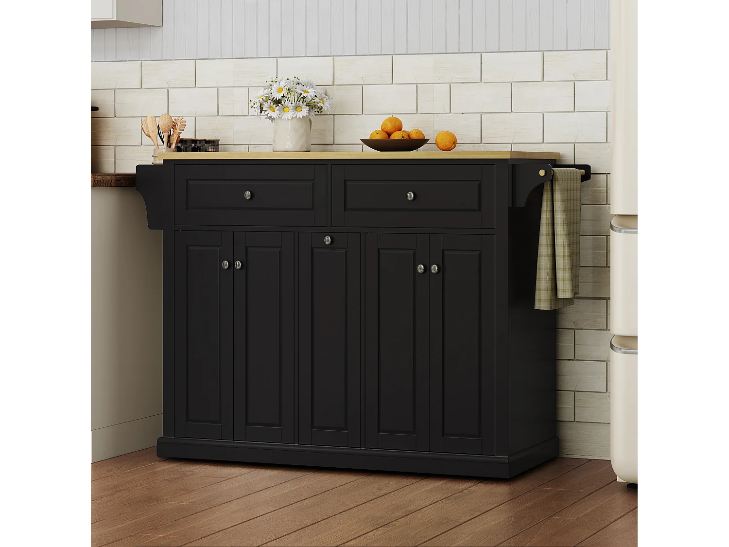 Isola da cucina su ruote con piano ribaltabile, 2 cassetti, 4 ante e porta spezie - MDF - 121 x 49 a 69 x 89 cm - Nero