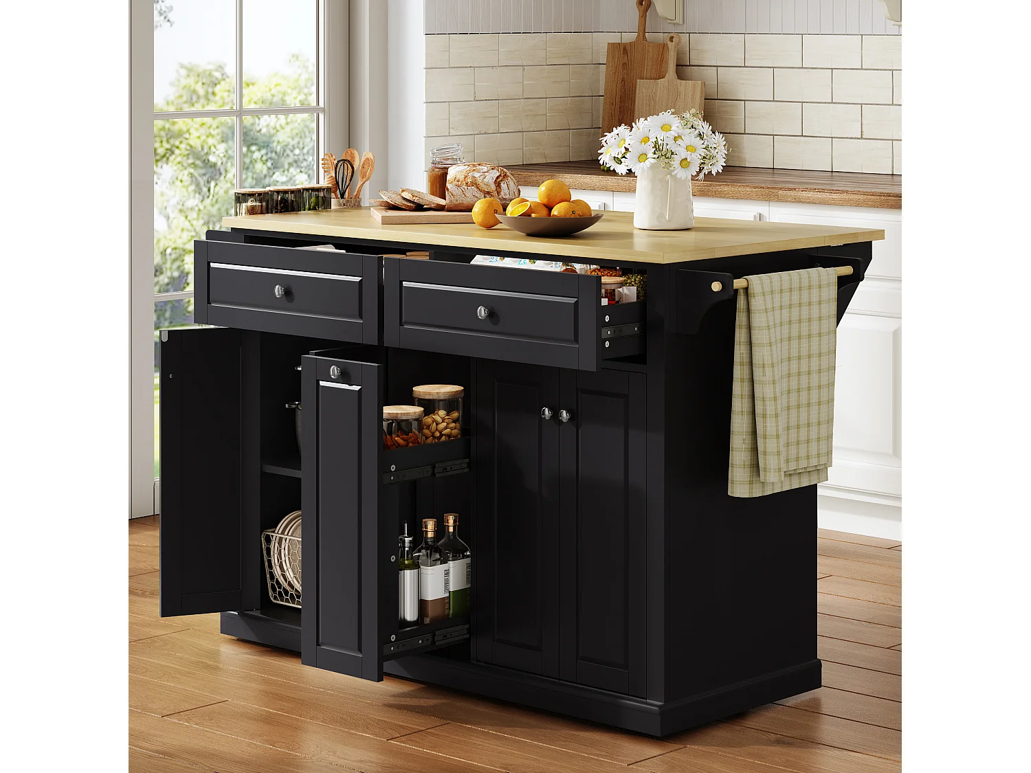 Isola da cucina su ruote con piano ribaltabile, 2 cassetti, 4 ante e porta spezie - MDF - 121 x 49 a 69 x 89 cm - Nero