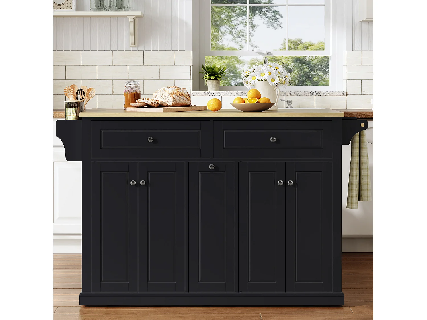 Isola da cucina su ruote con piano ribaltabile, 2 cassetti, 4 ante e porta spezie - MDF - 121 x 49 a 69 x 89 cm - Nero