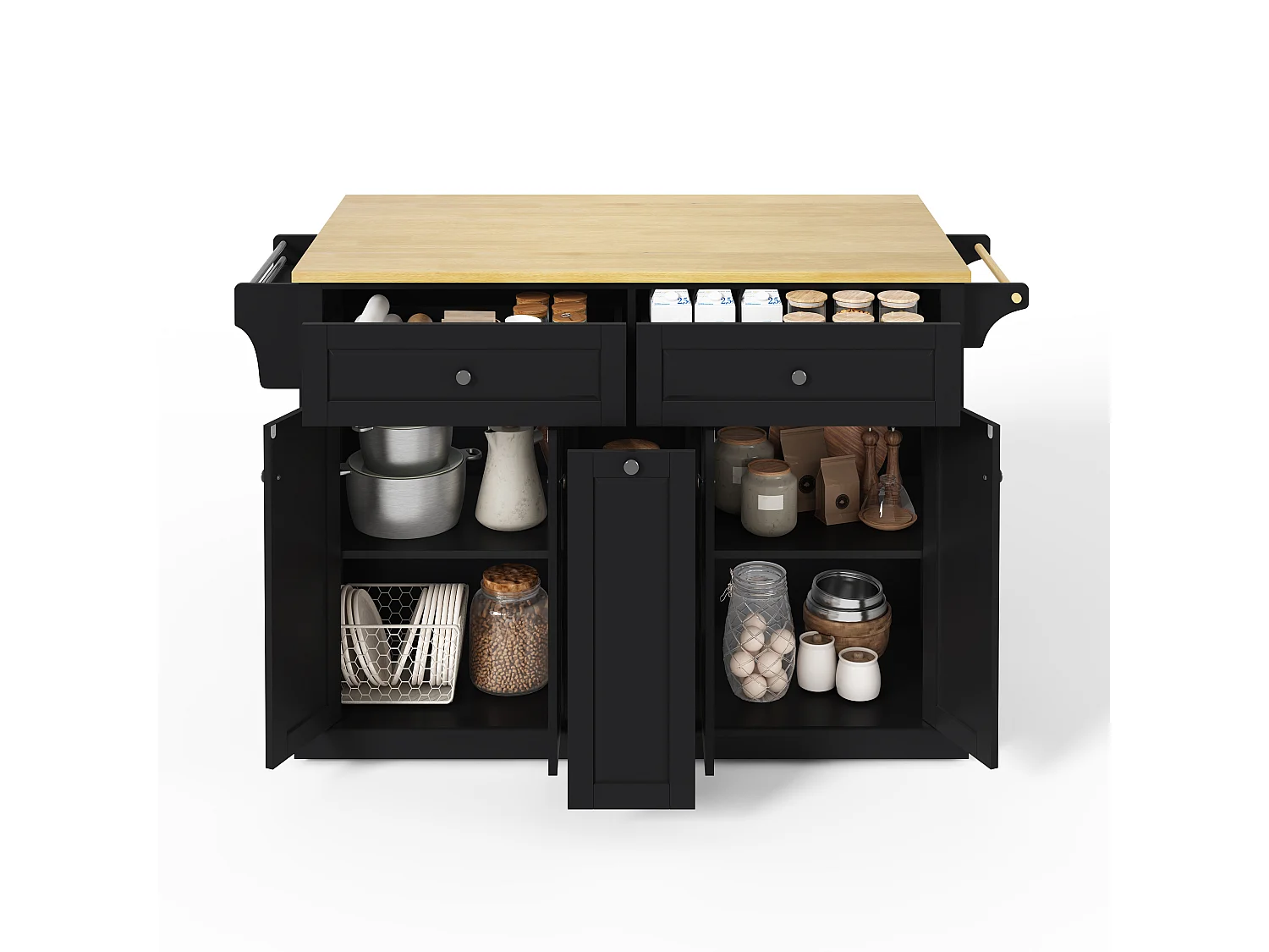 Isola da cucina su ruote con piano ribaltabile, 2 cassetti, 4 ante e porta spezie - MDF - 121 x 49 a 69 x 89 cm - Nero