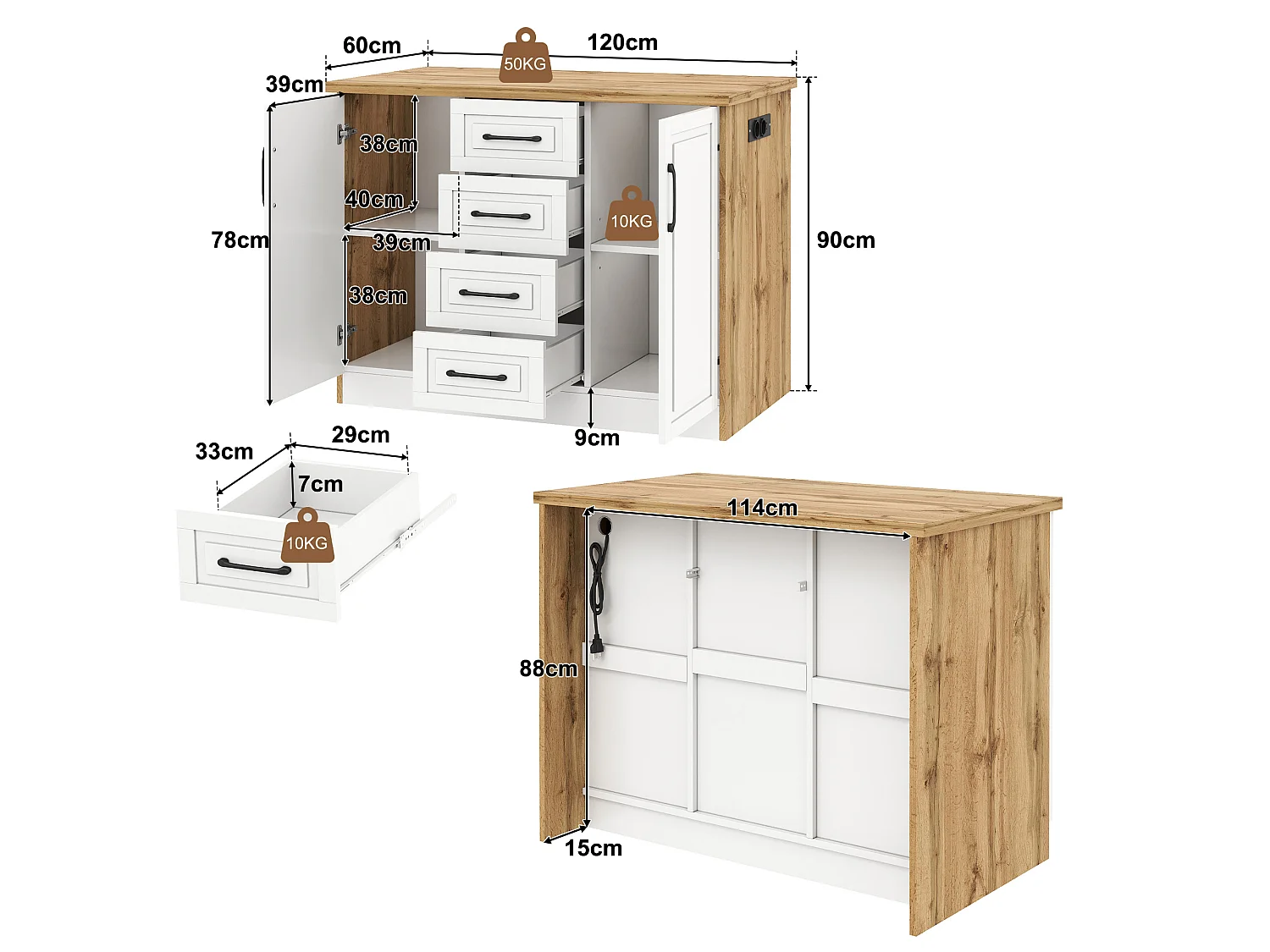 Kücheninsel mit 4 Schubladen, 2 Türen, Steckdosen und USB-Anschlüssen – MDF und Spanplatte – 120 x 60 x 90 cm – Weiß + Natur