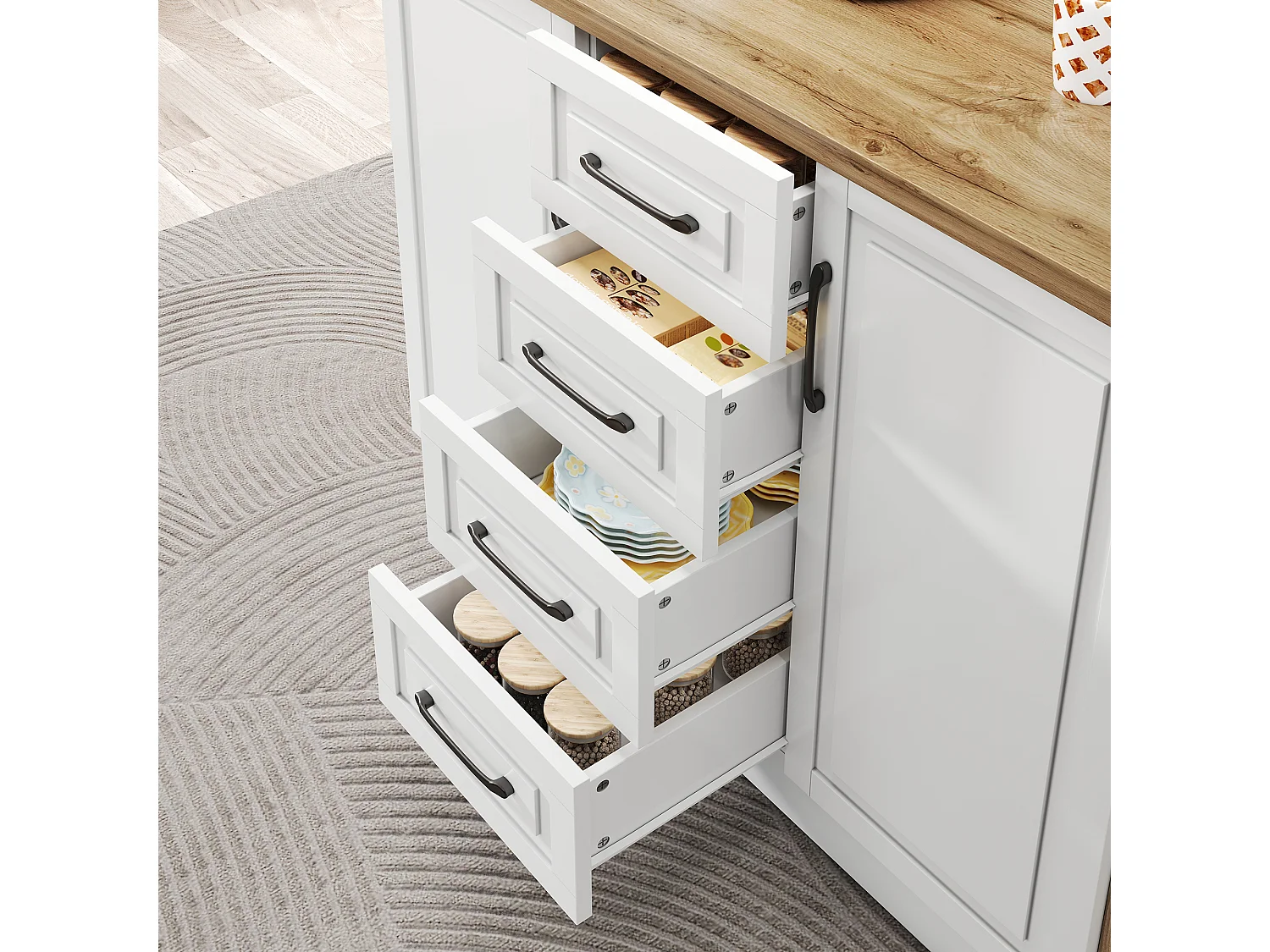 Kücheninsel mit 4 Schubladen, 2 Türen, Steckdosen und USB-Anschlüssen – MDF und Spanplatte – 120 x 60 x 90 cm – Weiß + Natur