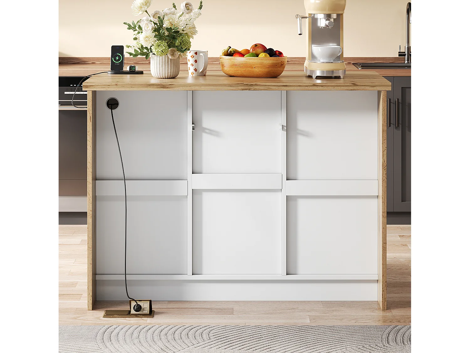 Kücheninsel mit 4 Schubladen, 2 Türen, Steckdosen und USB-Anschlüssen – MDF und Spanplatte – 120 x 60 x 90 cm – Weiß + Natur
