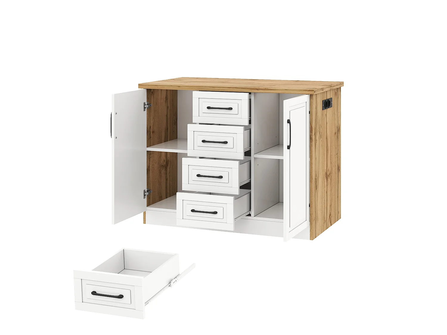 Kücheninsel mit 4 Schubladen, 2 Türen, Steckdosen und USB-Anschlüssen – MDF und Spanplatte – 120 x 60 x 90 cm – Weiß + Natur
