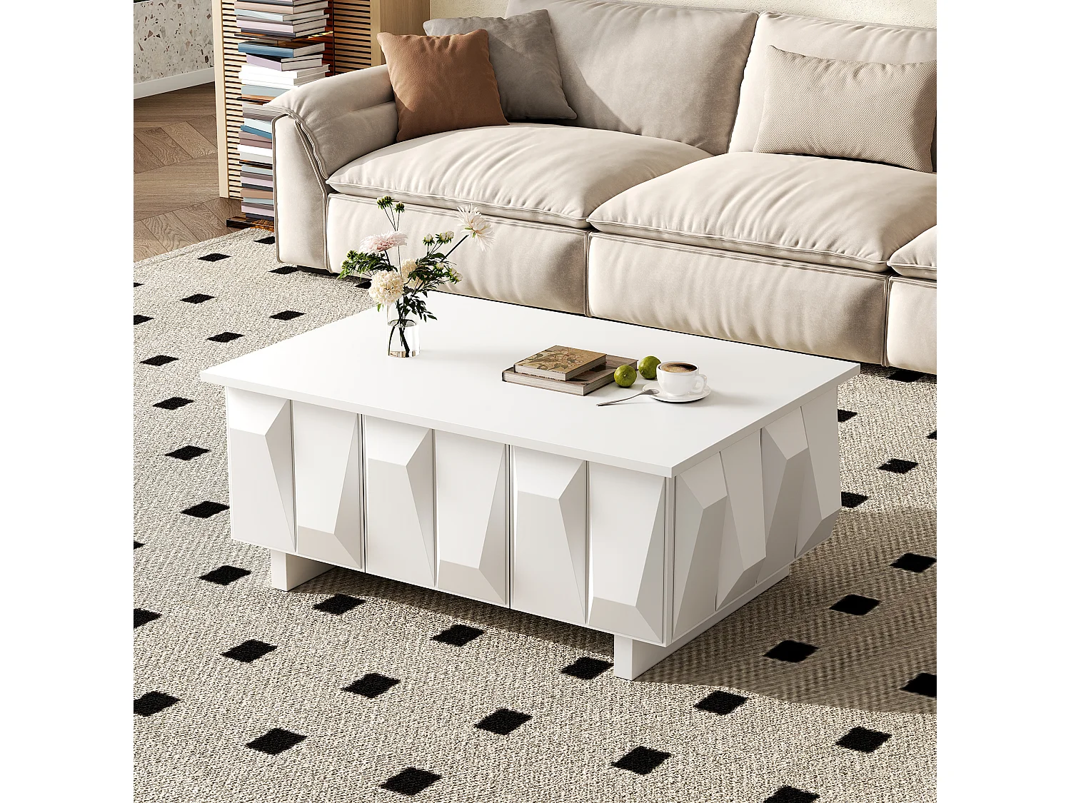 Coffee table with closed storage and 3D textured fronts - Particleboard - 95 x 67 x 39.5 cm - White