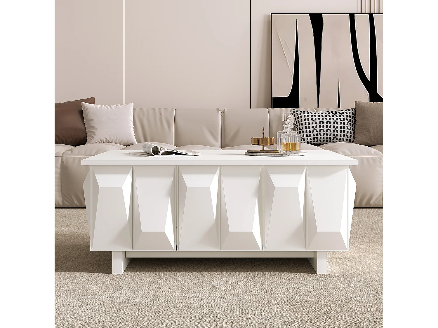 Coffee table with closed storage and 3D textured fronts - Particleboard - 95 x 67 x 39.5 cm - White