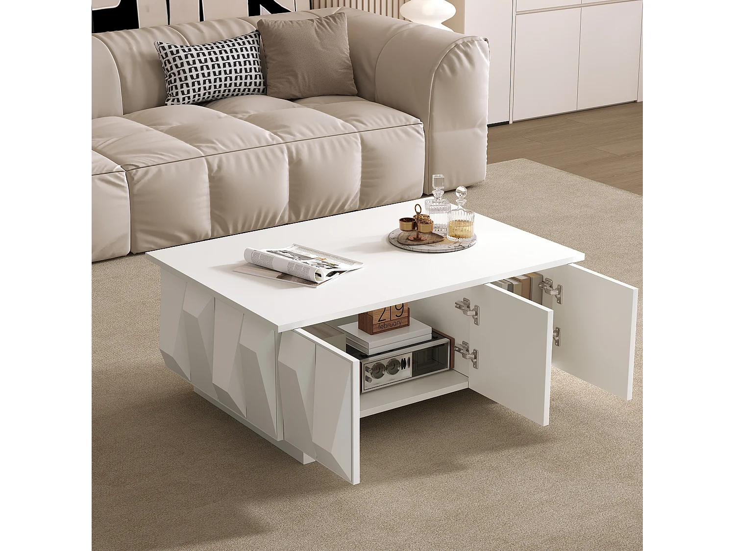 Coffee table with closed storage and 3D textured fronts - Particleboard - 95 x 67 x 39.5 cm - White