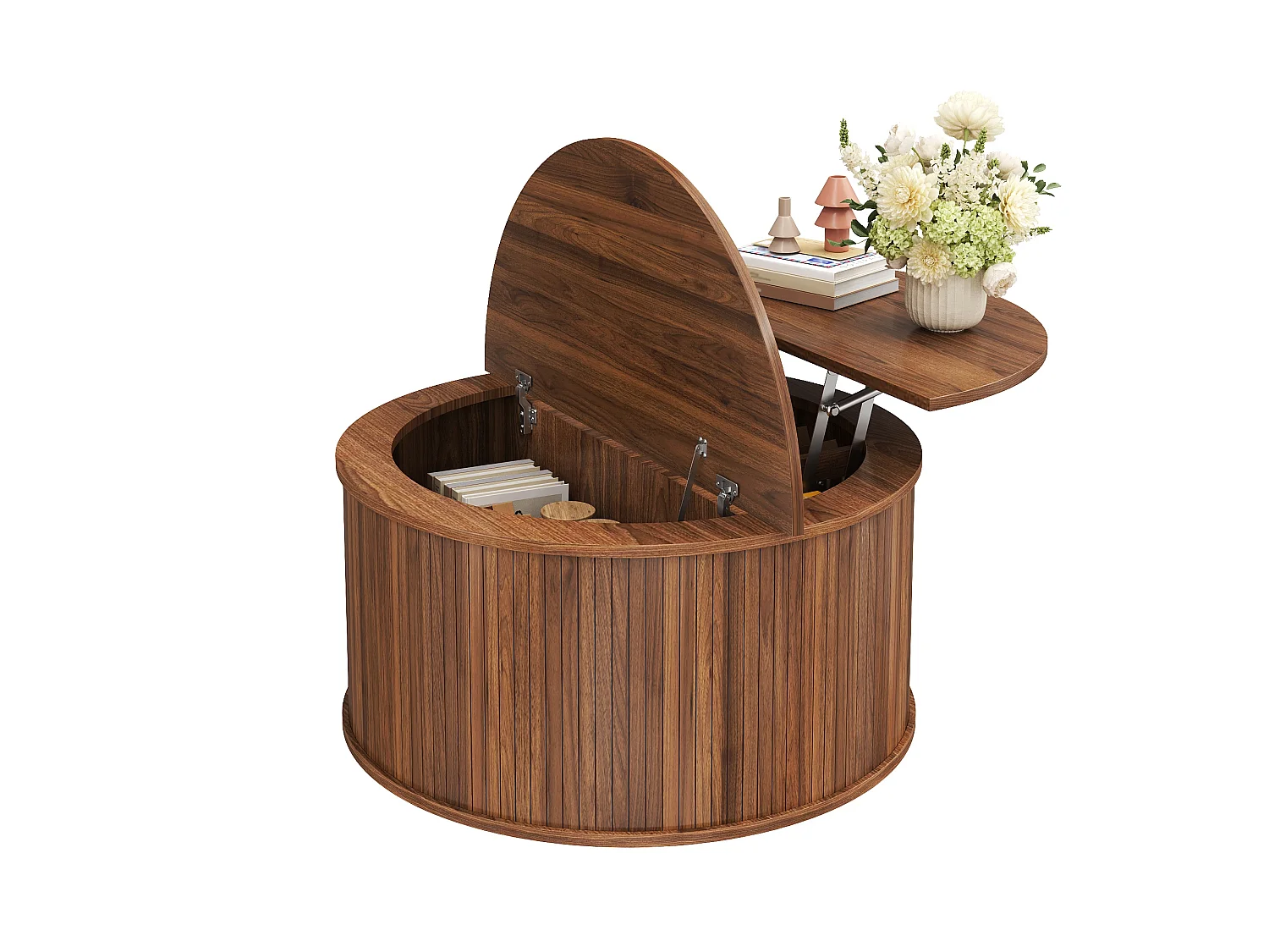 Round coffee table with lift-top, concealed storage, and fluted sides - MDF - 88 x 88 x 53.5 cm - Walnut