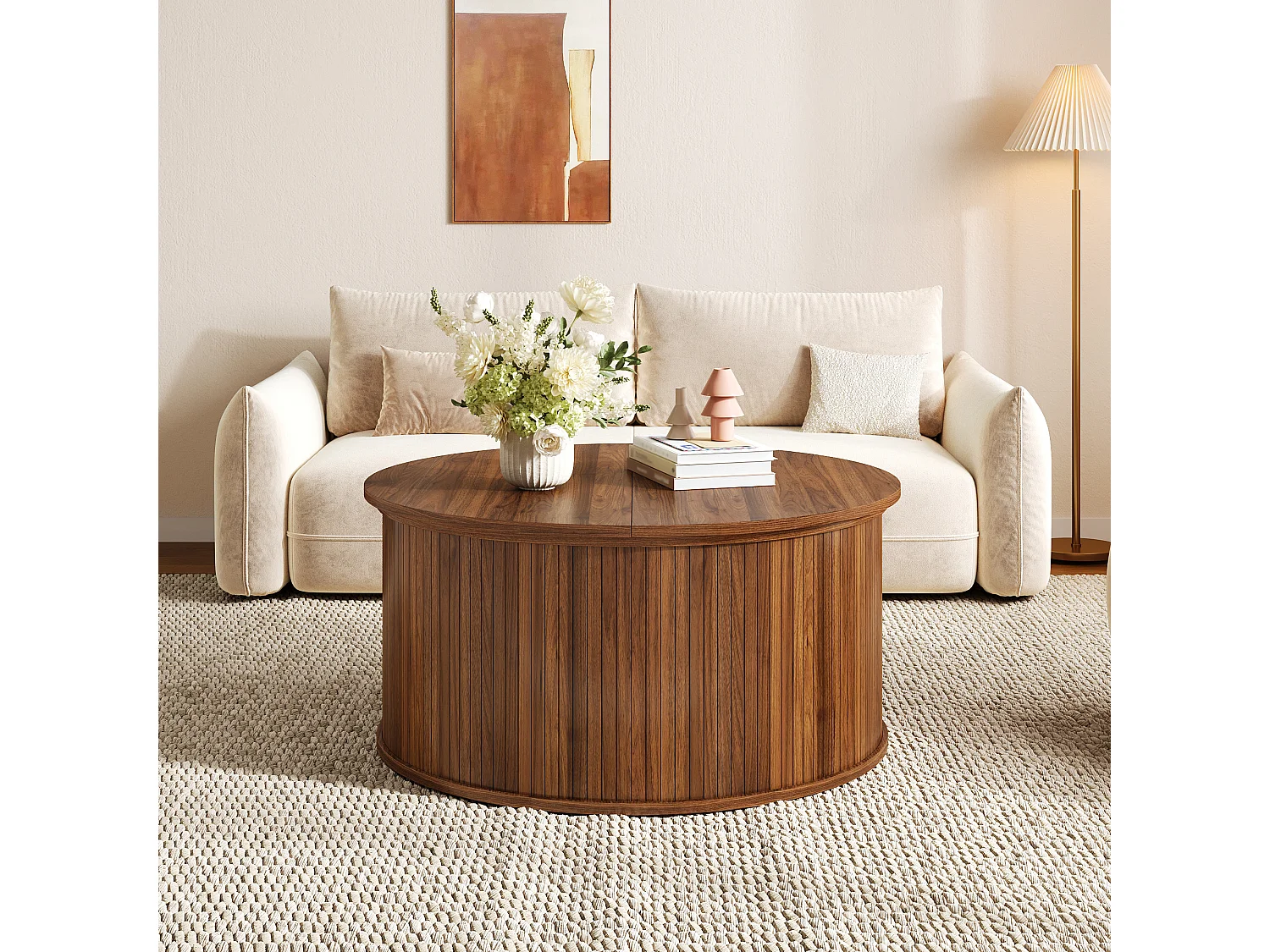 Round coffee table with lift-top, concealed storage, and fluted sides - MDF - 88 x 88 x 53.5 cm - Walnut