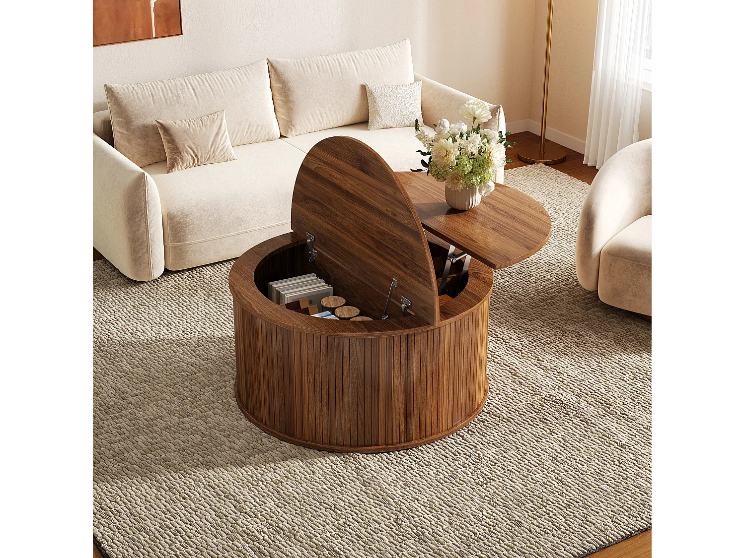 Round coffee table with lift-top, concealed storage, and fluted sides - MDF - 88 x 88 x 53.5 cm - Walnut
