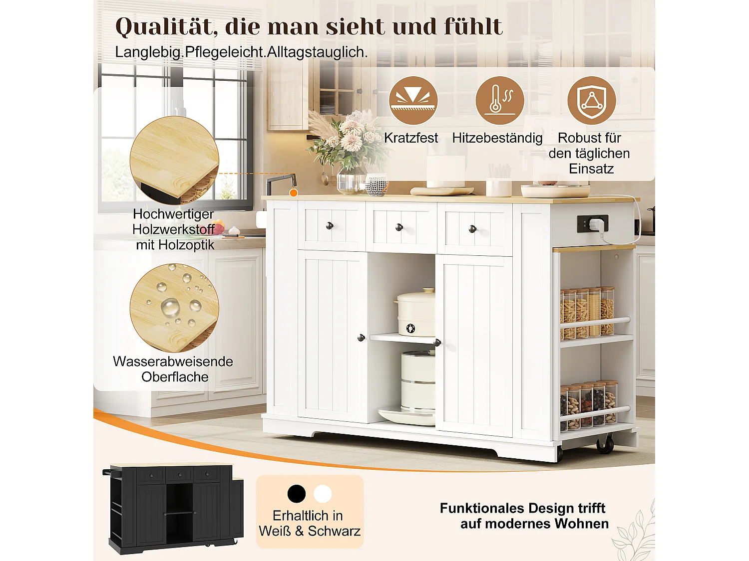 Îlot central de cuisine sur roulettes avec table escamotable, 2 portes, 2 tiroirs, prises et USB - MDF - 138 à 213 x 55 x 93 cm - Blanc