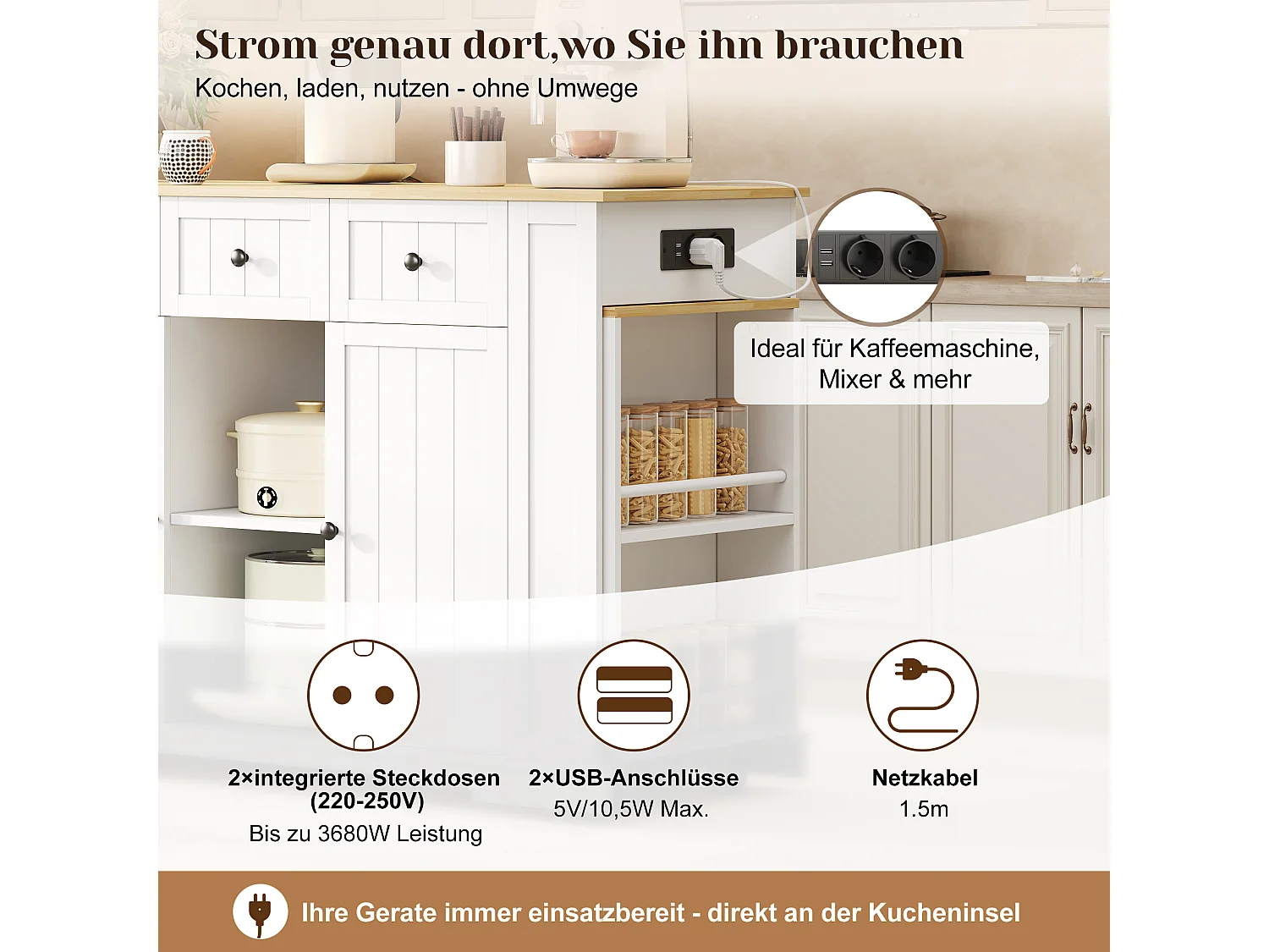 Îlot central de cuisine sur roulettes avec table escamotable, 2 portes, 2 tiroirs, prises et USB - MDF - 138 à 213 x 55 x 93 cm - Blanc