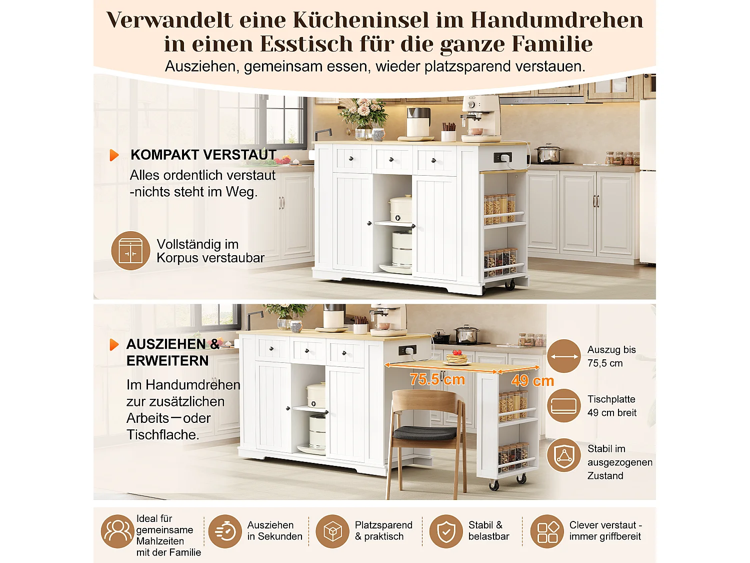 Îlot central de cuisine sur roulettes avec table escamotable, 2 portes, 2 tiroirs, prises et USB - MDF - 138 à 213 x 55 x 93 cm - Blanc