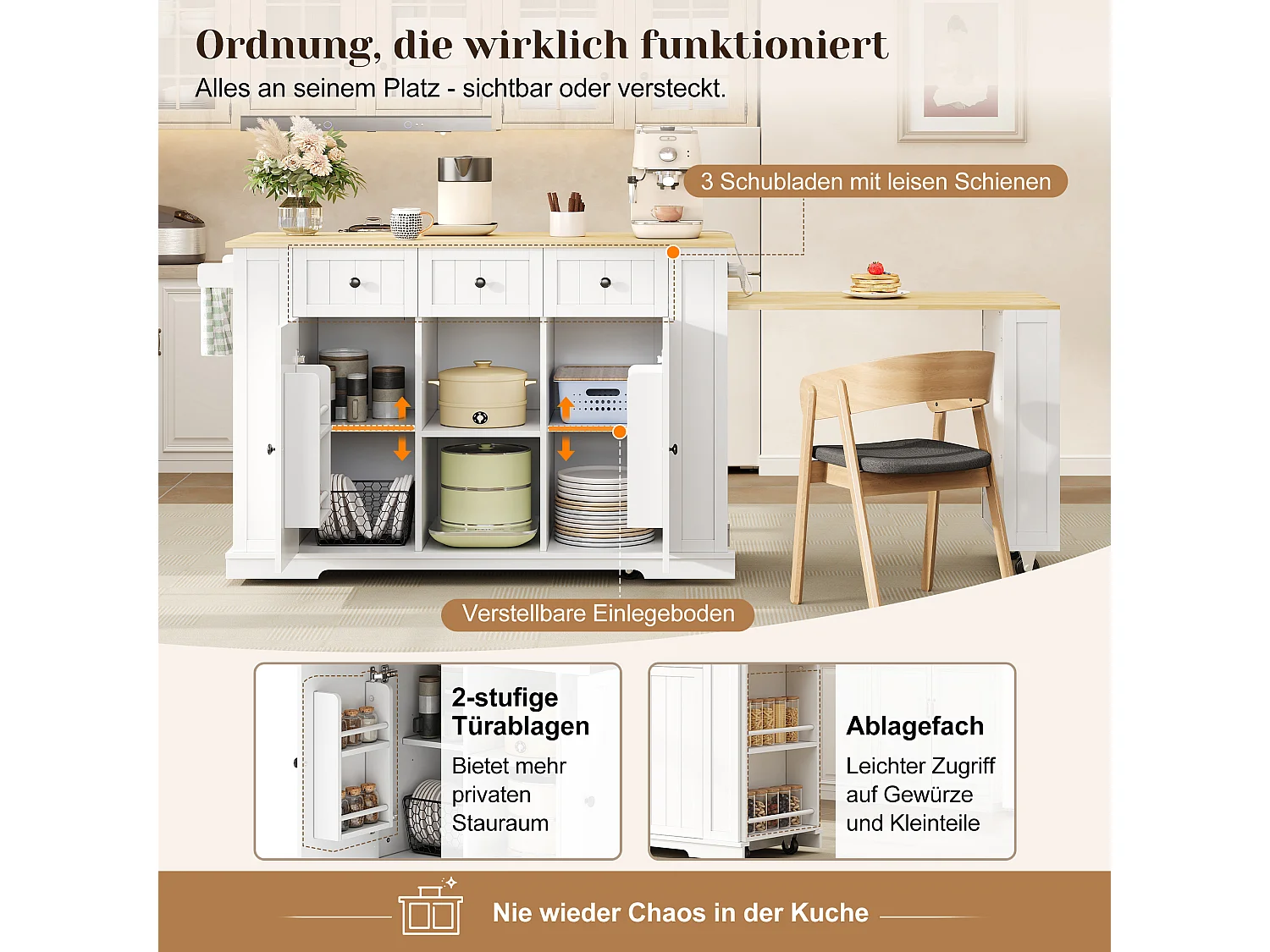 Îlot central de cuisine sur roulettes avec table escamotable, 2 portes, 2 tiroirs, prises et USB - MDF - 138 à 213 x 55 x 93 cm - Blanc