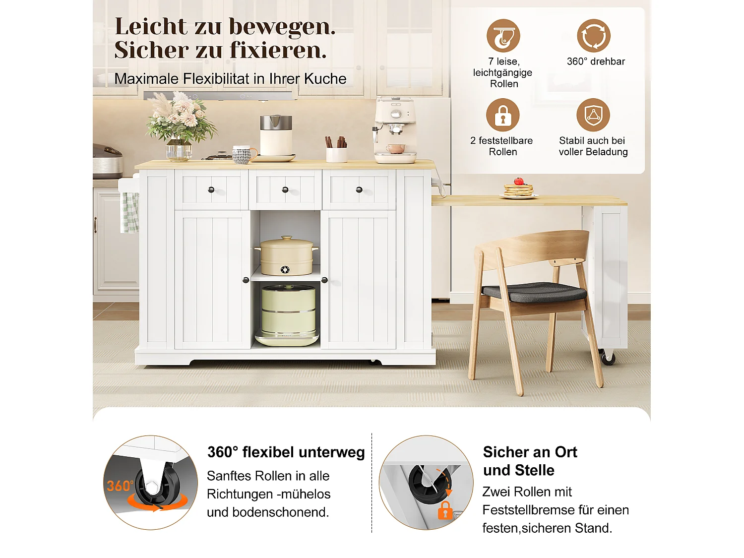 Îlot central de cuisine sur roulettes avec table escamotable, 2 portes, 2 tiroirs, prises et USB - MDF - 138 à 213 x 55 x 93 cm - Blanc