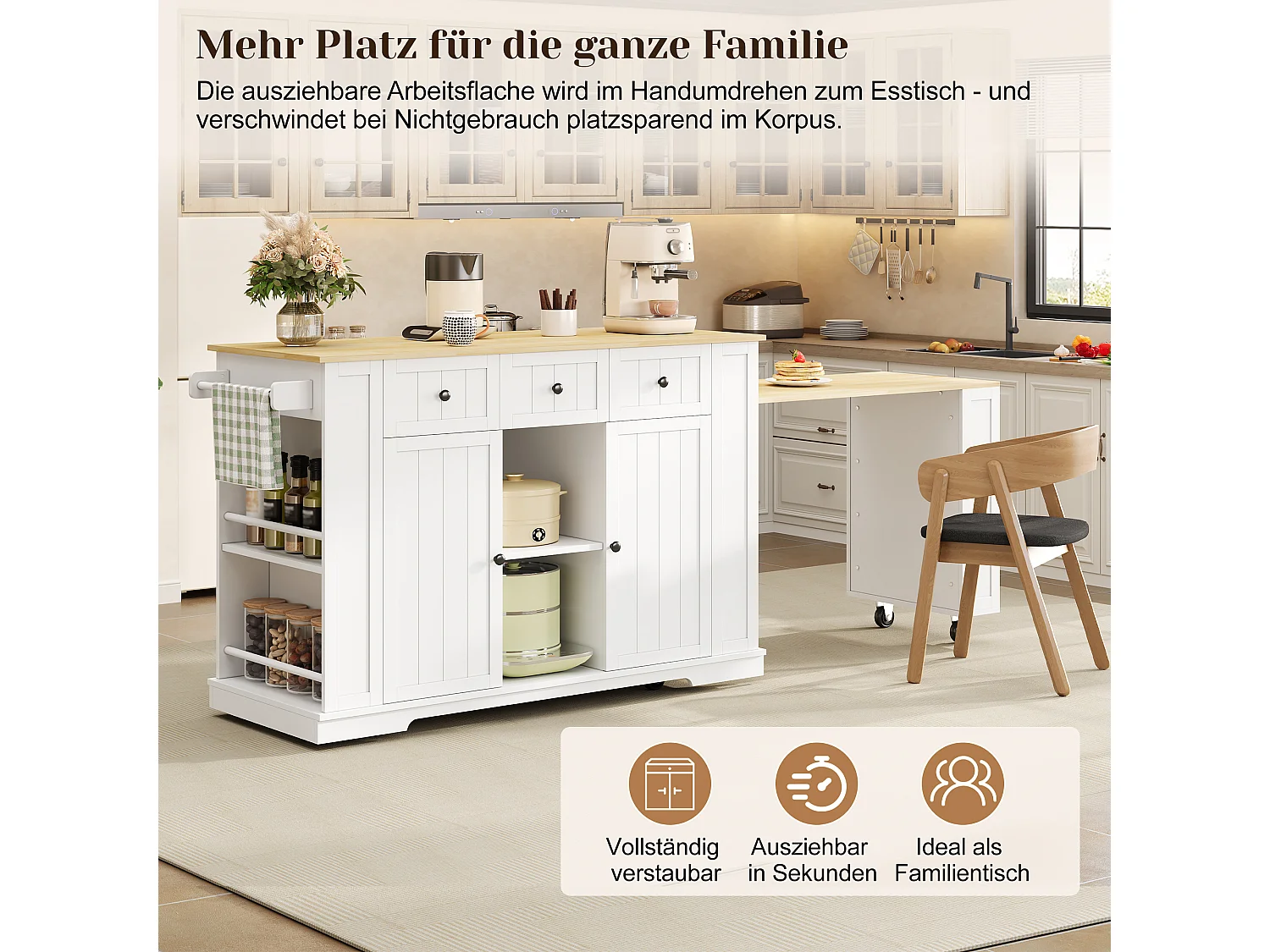 Îlot central de cuisine sur roulettes avec table escamotable, 2 portes, 2 tiroirs, prises et USB - MDF - 138 à 213 x 55 x 93 cm - Blanc