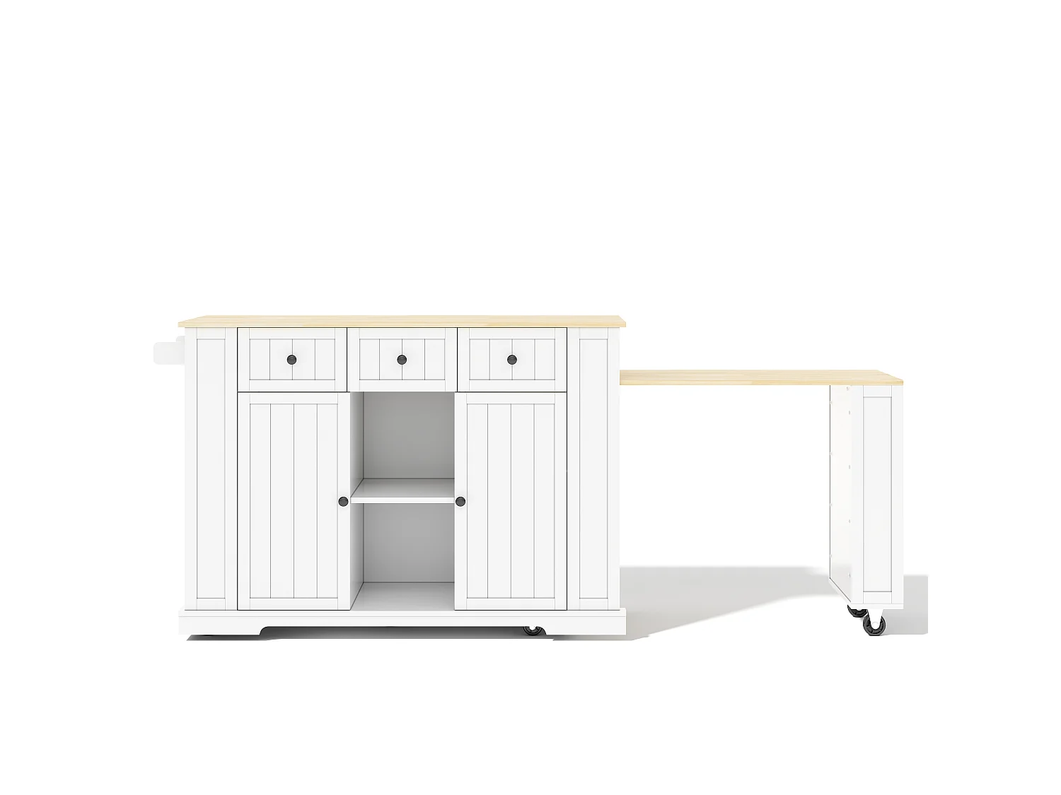 Îlot central de cuisine sur roulettes avec table escamotable, 2 portes, 2 tiroirs, prises et USB - MDF - 138 à 213 x 55 x 93 cm - Blanc