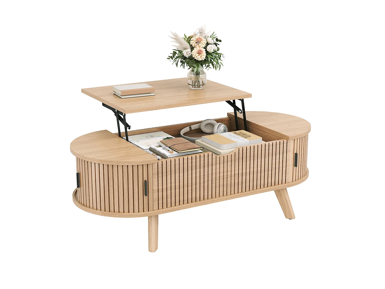 Table basse ovale à plateau relevable et 2 portes coulissantes rainurées - MDF et bois d’hévéa - 110 x 50 x 53,5 cm - Naturel