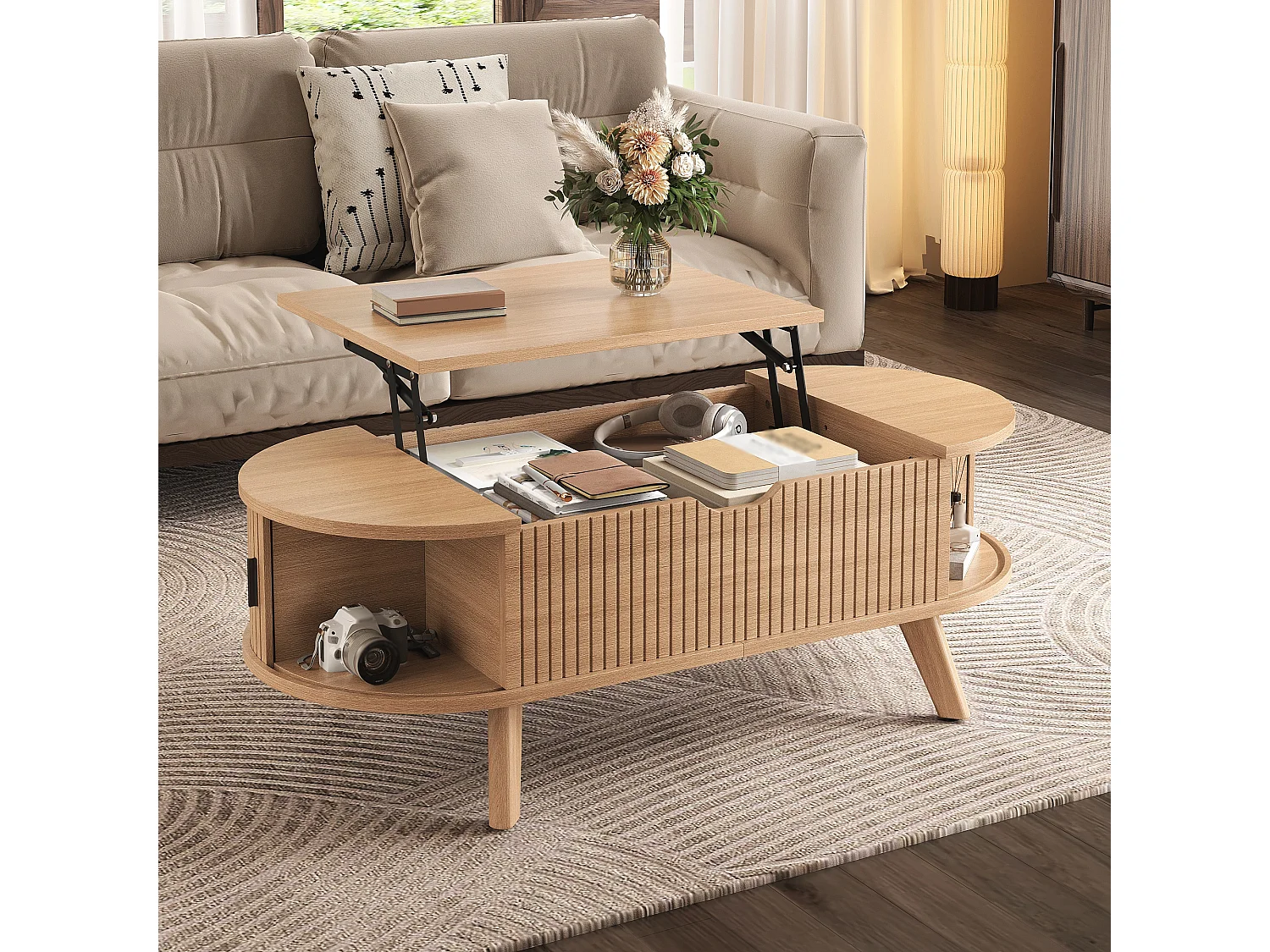 Table basse ovale à plateau relevable et 2 portes coulissantes rainurées - MDF et bois d’hévéa - 110 x 50 x 53,5 cm - Naturel