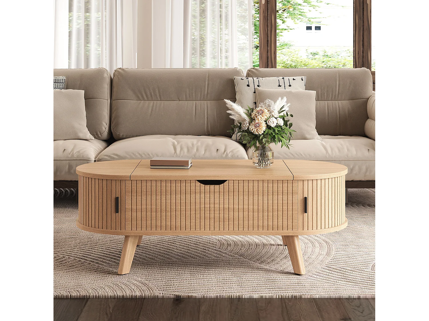 Table basse ovale à plateau relevable et 2 portes coulissantes rainurées - MDF et bois d’hévéa - 110 x 50 x 53,5 cm - Naturel