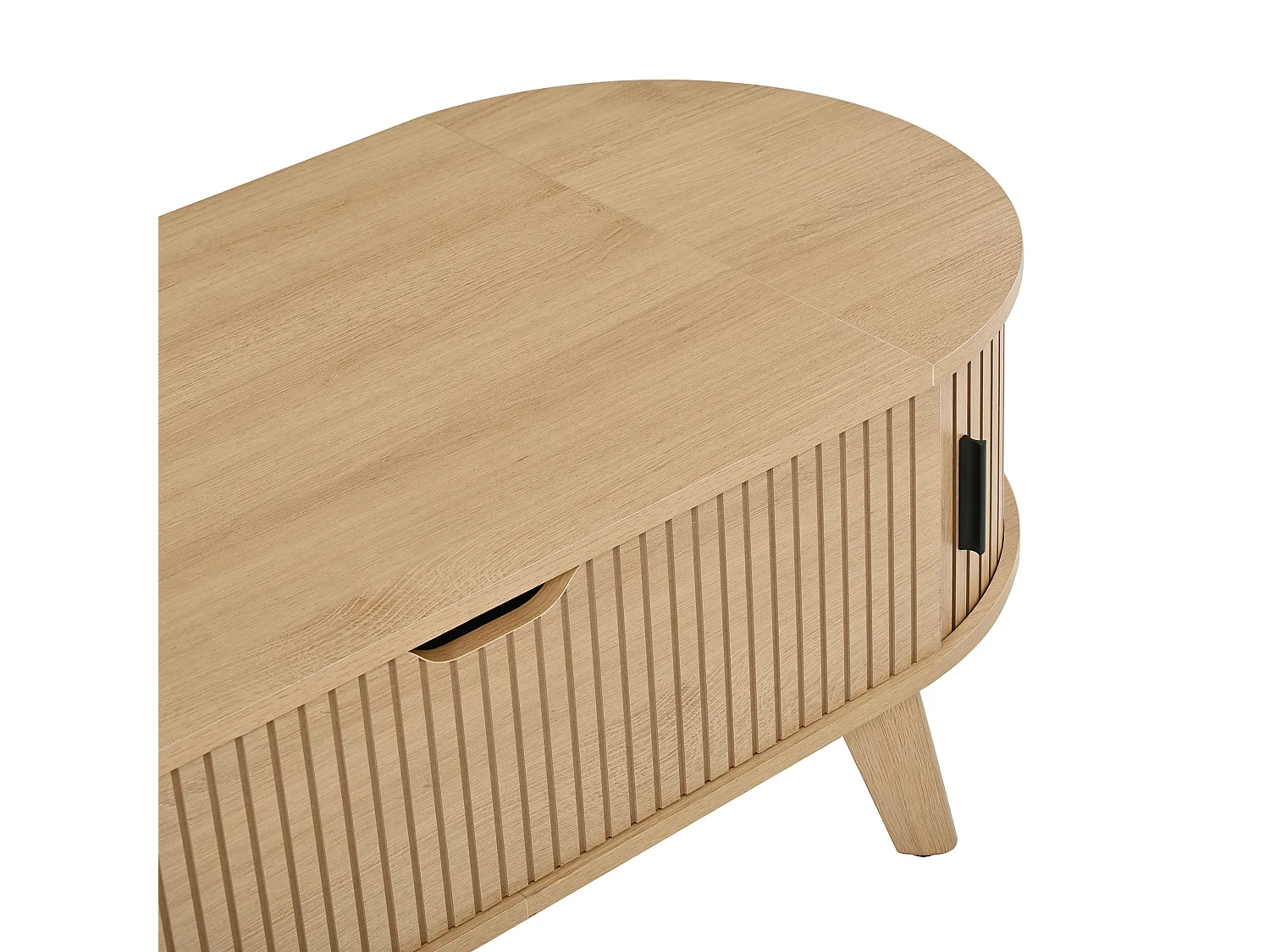 Table basse ovale à plateau relevable et 2 portes coulissantes rainurées - MDF et bois d’hévéa - 110 x 50 x 53,5 cm - Naturel