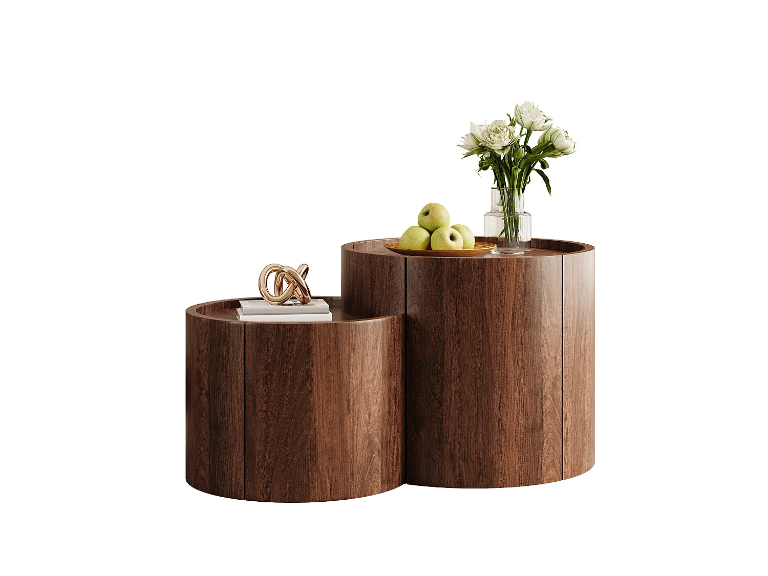 Table basse arrondie avec 1 tiroir, 1 porte incurvé et rangements - Panneaux de particules - 77,5 x 47,5 x 40 cm - Noyer