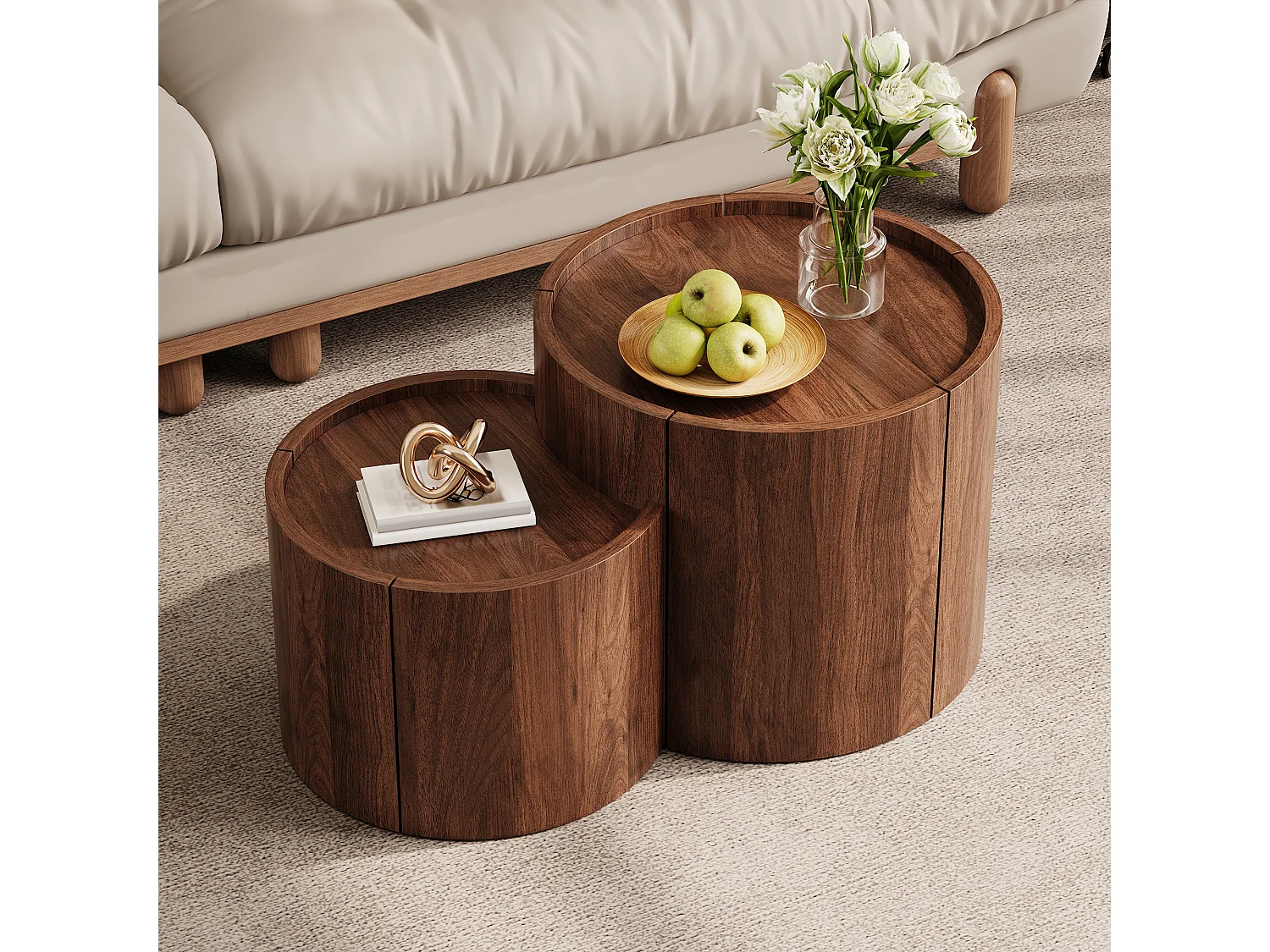 Table basse arrondie avec 1 tiroir, 1 porte incurvé et rangements - Panneaux de particules - 77,5 x 47,5 x 40 cm - Noyer