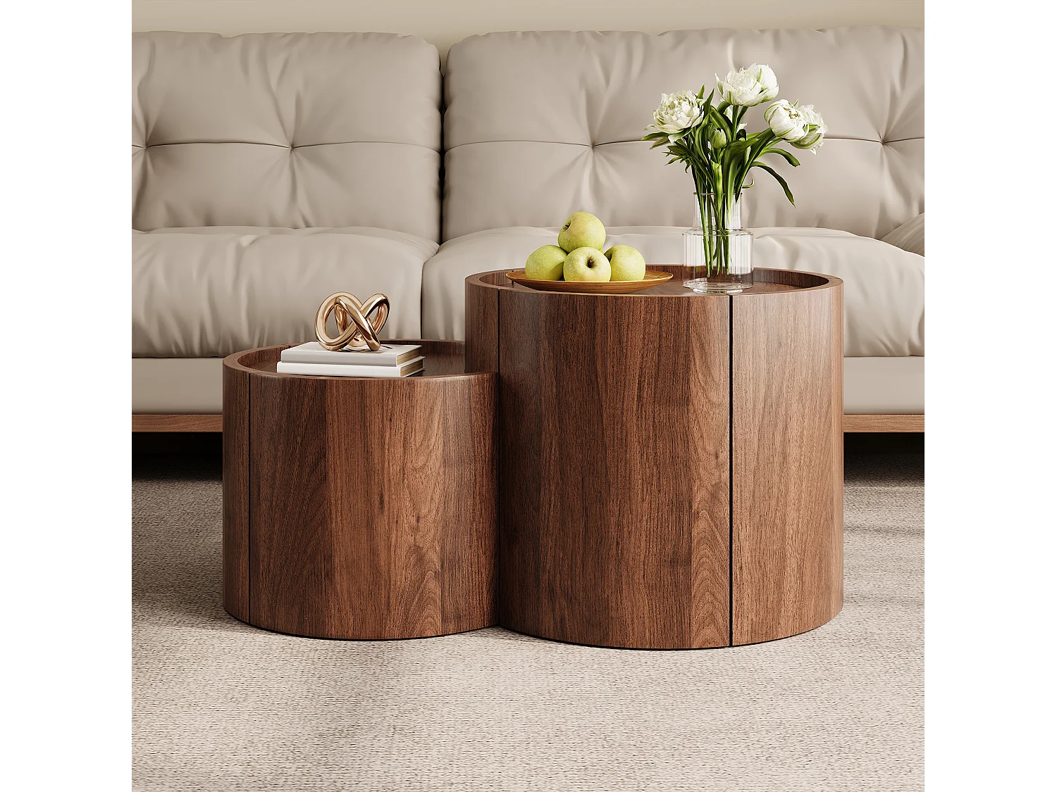 Table basse arrondie avec 1 tiroir, 1 porte incurvé et rangements - Panneaux de particules - 77,5 x 47,5 x 40 cm - Noyer