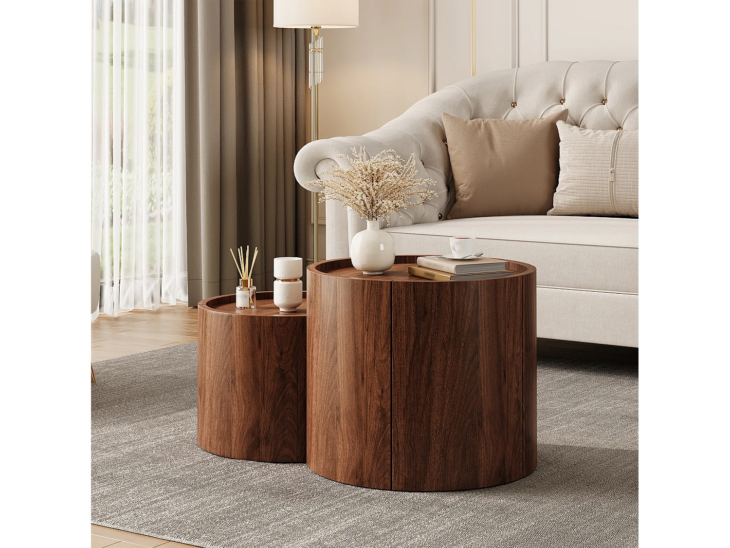 Table basse arrondie avec 1 tiroir, 1 porte incurvé et rangements - Panneaux de particules - 77,5 x 47,5 x 40 cm - Noyer