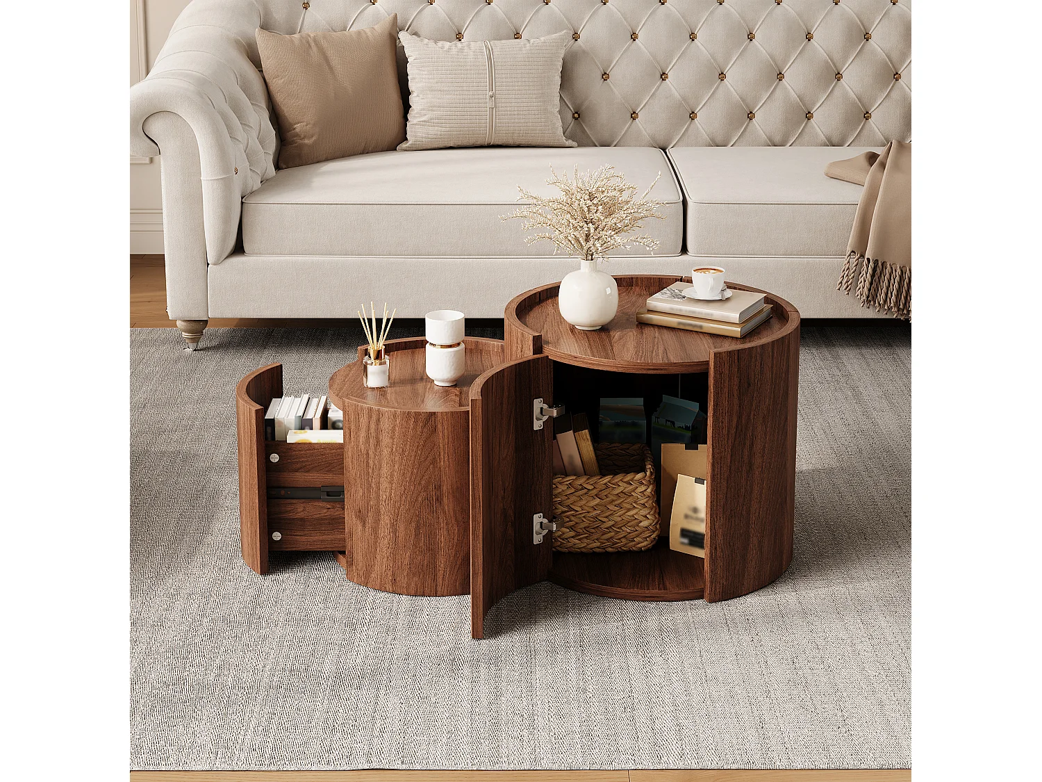 Table basse arrondie avec 1 tiroir, 1 porte incurvé et rangements - Panneaux de particules - 77,5 x 47,5 x 40 cm - Noyer