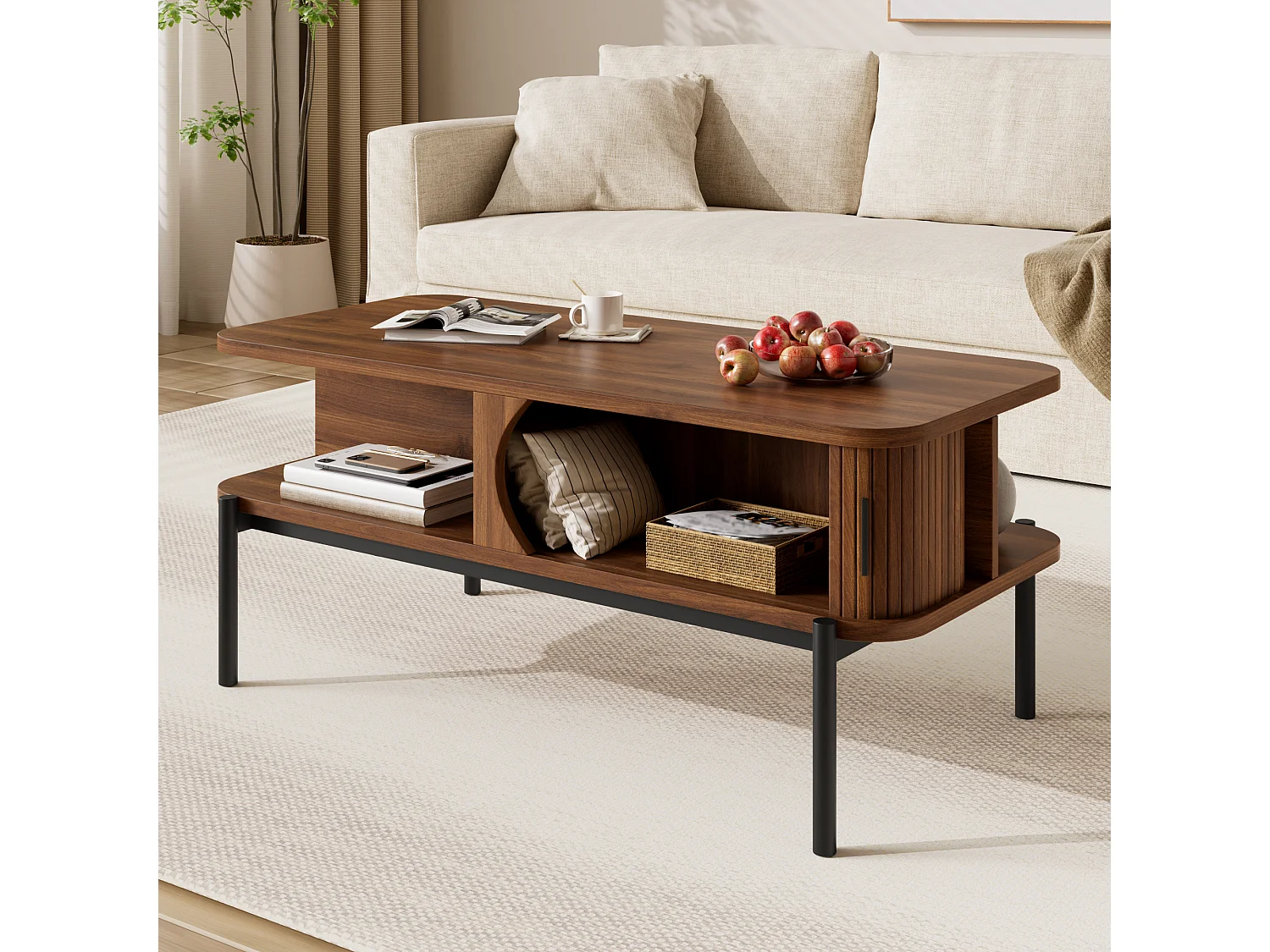 Coffee table with 2 grooved sliding doors and open storage - MDF and metal - 100 x 45 x 43 cm - Walnut