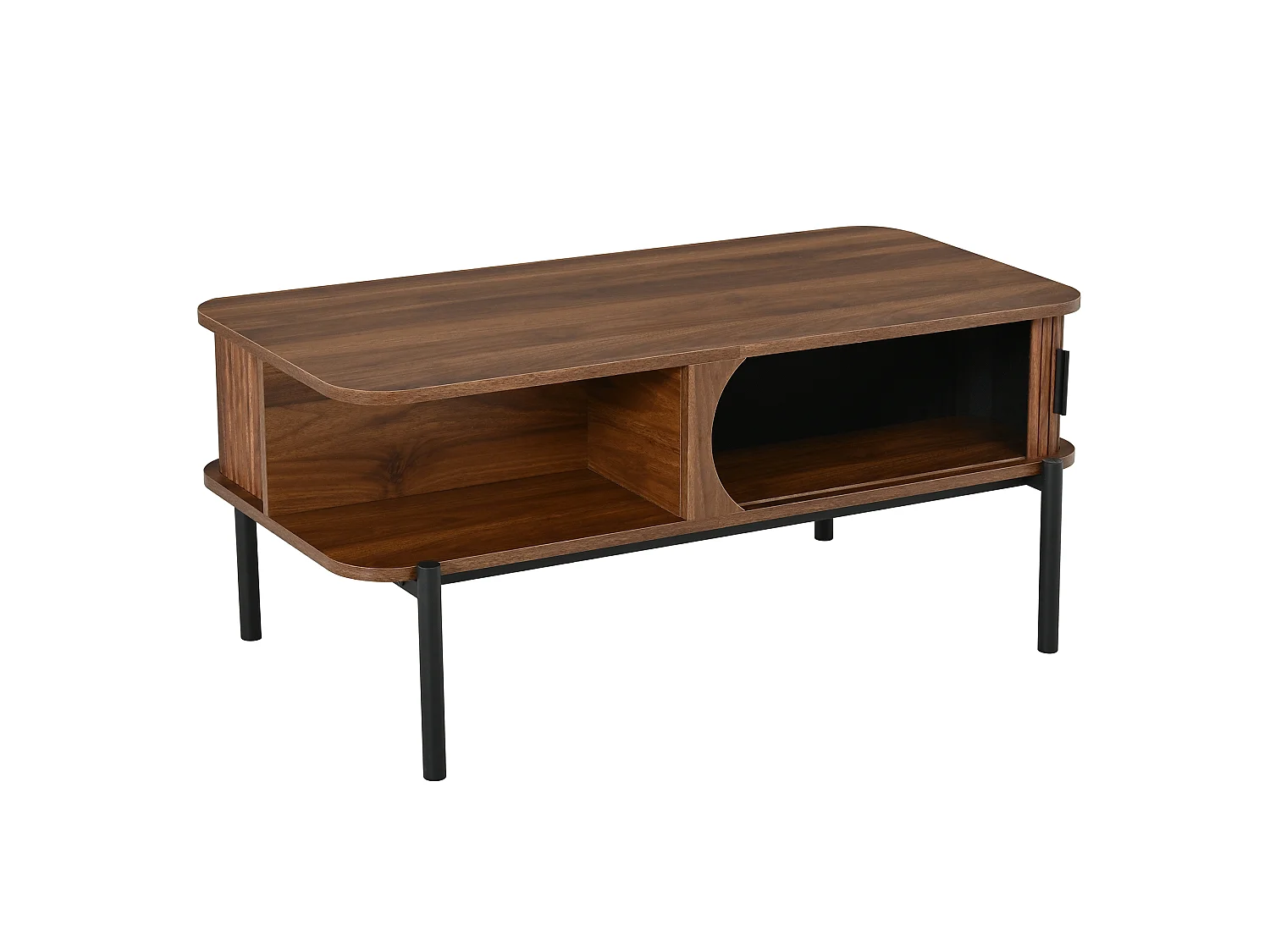 Coffee table with 2 grooved sliding doors and open storage - MDF and metal - 100 x 45 x 43 cm - Walnut