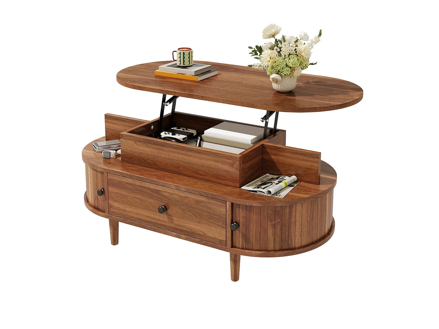 Table basse ovale à plateau relevable avec 2 portes coulissantes, 1 tiroir - MDF et bois d’hévéa - 105 x 50 x 60,5 cm - Noyer