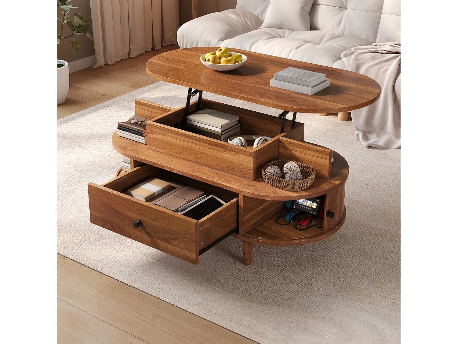 Table basse ovale à plateau relevable avec 2 portes coulissantes, 1 tiroir - MDF et bois d’hévéa - 105 x 50 x 60,5 cm - Noyer
