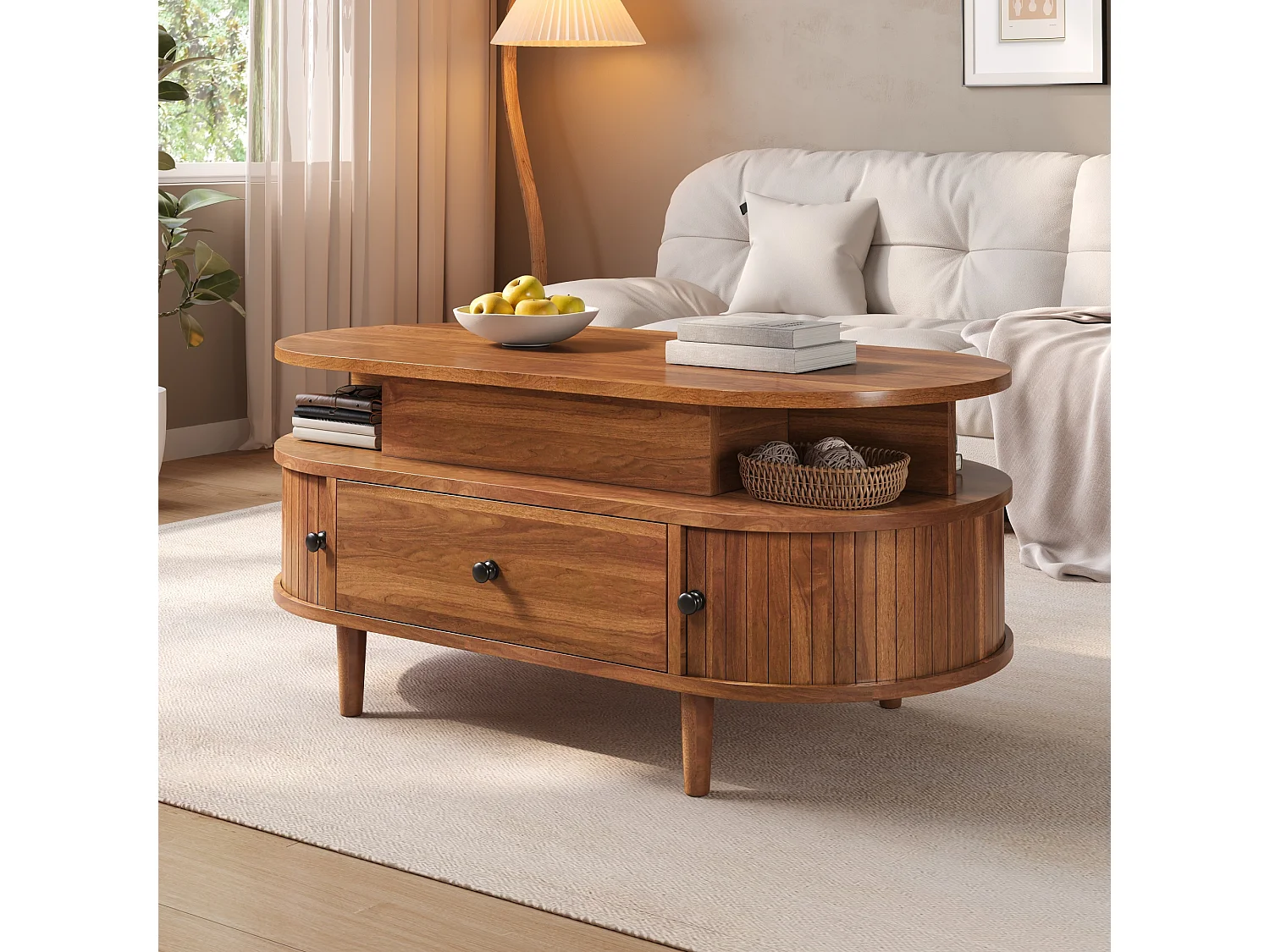 Table basse ovale à plateau relevable avec 2 portes coulissantes, 1 tiroir - MDF et bois d’hévéa - 105 x 50 x 60,5 cm - Noyer