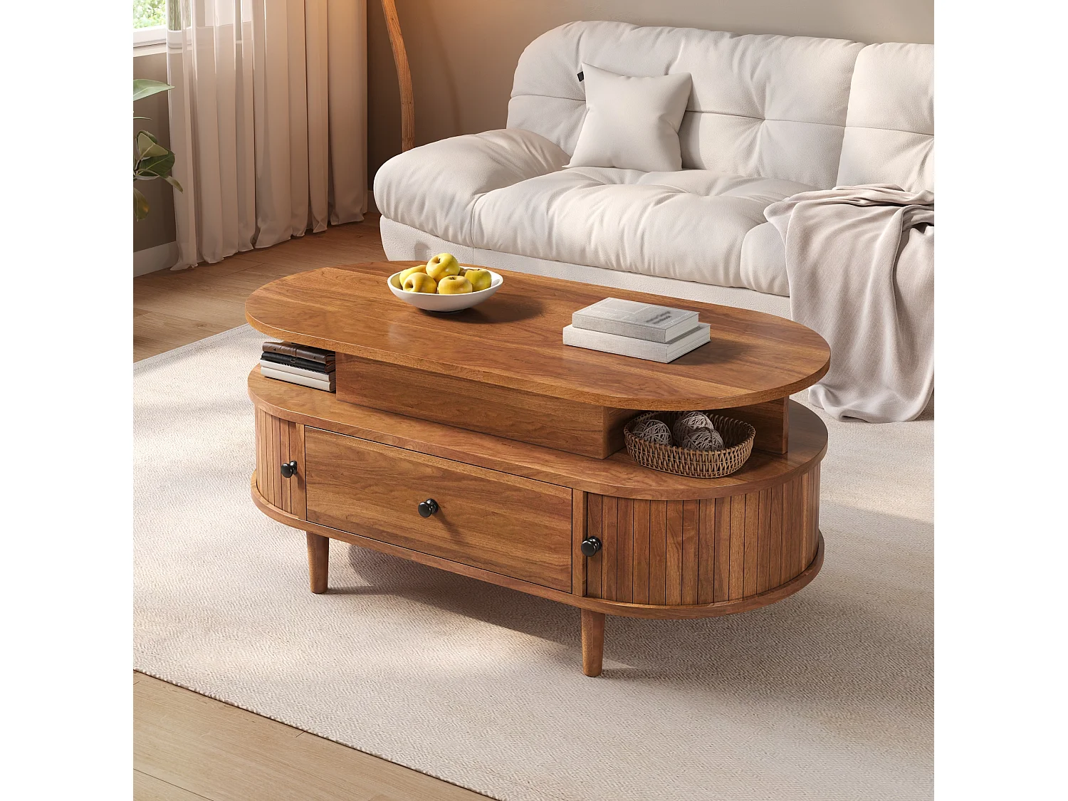 Table basse ovale à plateau relevable avec 2 portes coulissantes, 1 tiroir - MDF et bois d’hévéa - 105 x 50 x 60,5 cm - Noyer
