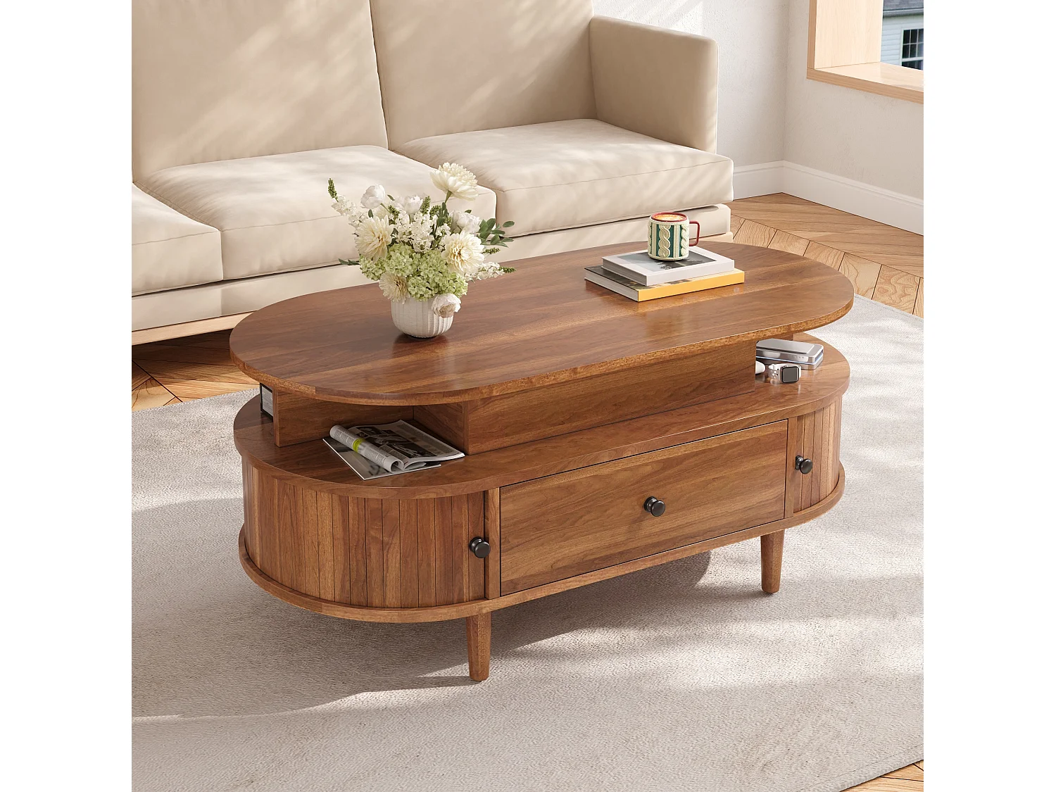 Table basse ovale à plateau relevable avec 2 portes coulissantes, 1 tiroir - MDF et bois d’hévéa - 105 x 50 x 60,5 cm - Noyer