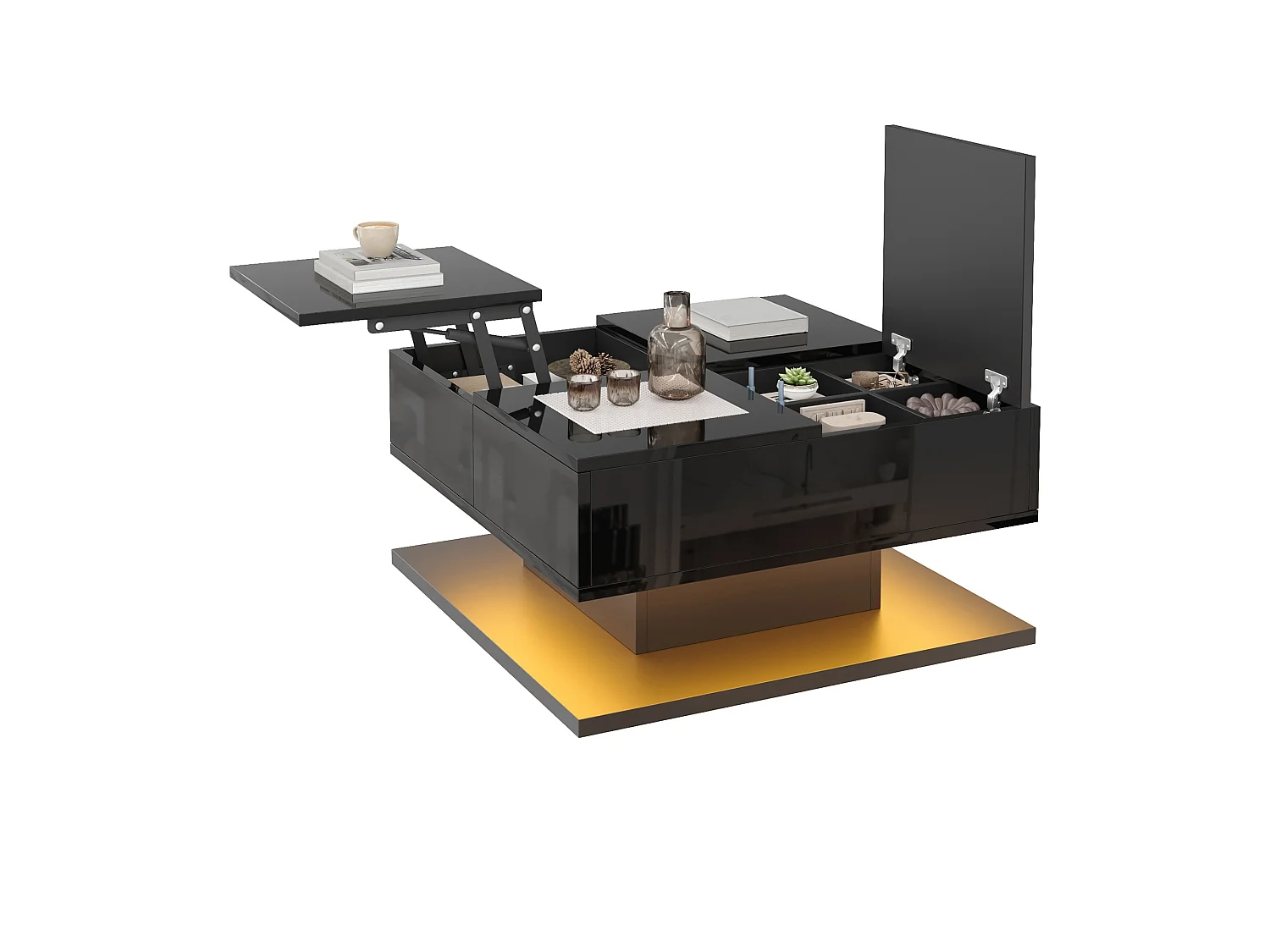 Table basse à plateau relevable avec 2 tiroirs et LED - MDF et panneaux de particules - 72 x 72 x 35 cm - Noir brillant