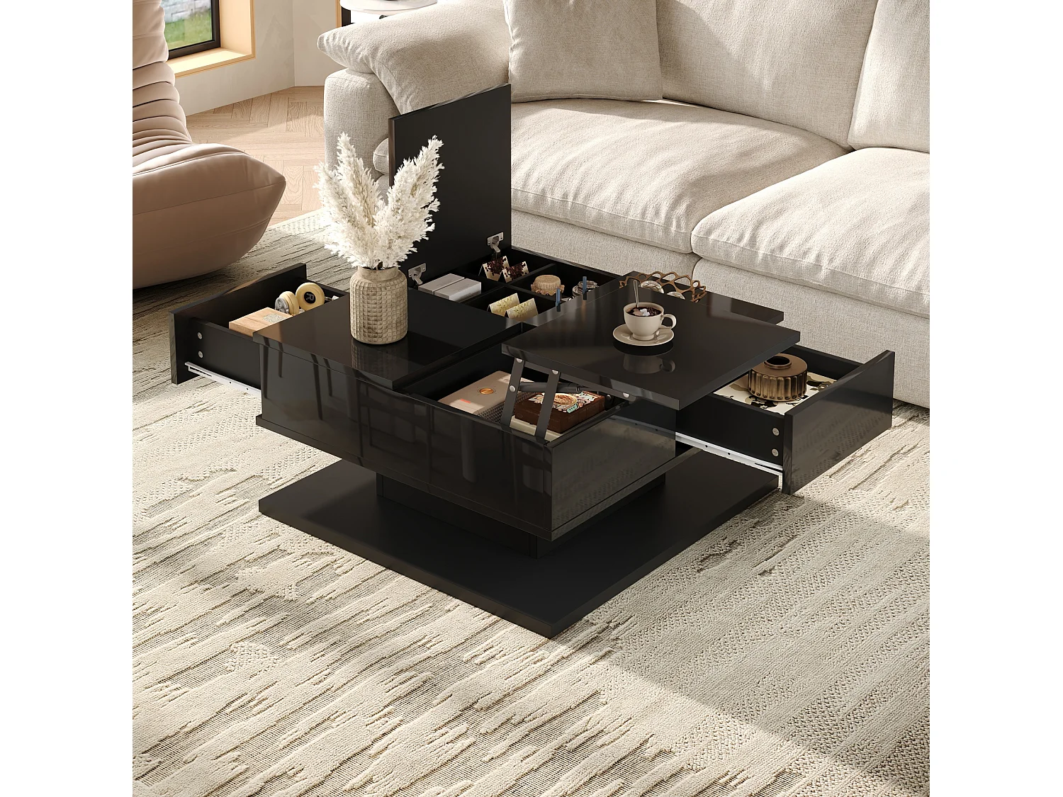 Table basse à plateau relevable avec 2 tiroirs et LED - MDF et panneaux de particules - 72 x 72 x 35 cm - Noir brillant