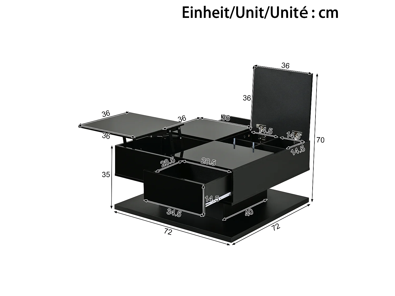 Table basse à plateau relevable avec 2 tiroirs et LED - MDF et panneaux de particules - 72 x 72 x 35 cm - Noir brillant
