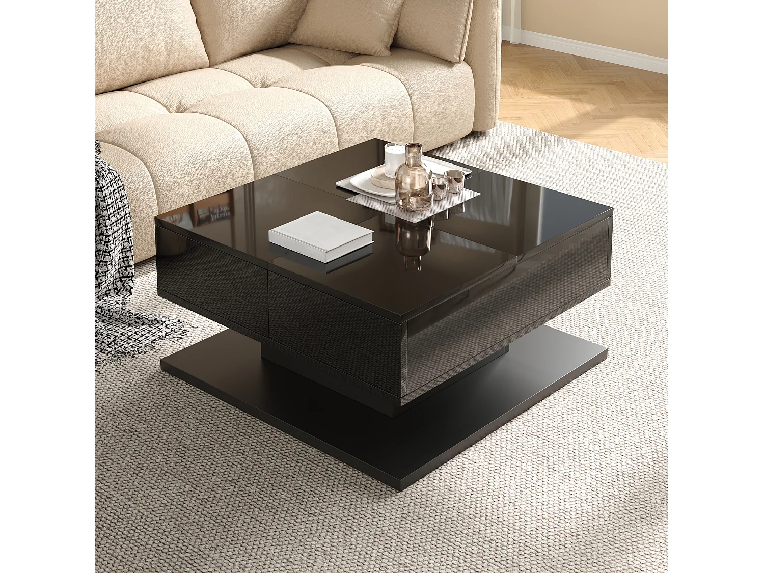 Table basse à plateau relevable avec 2 tiroirs et LED - MDF et panneaux de particules - 72 x 72 x 35 cm - Noir brillant