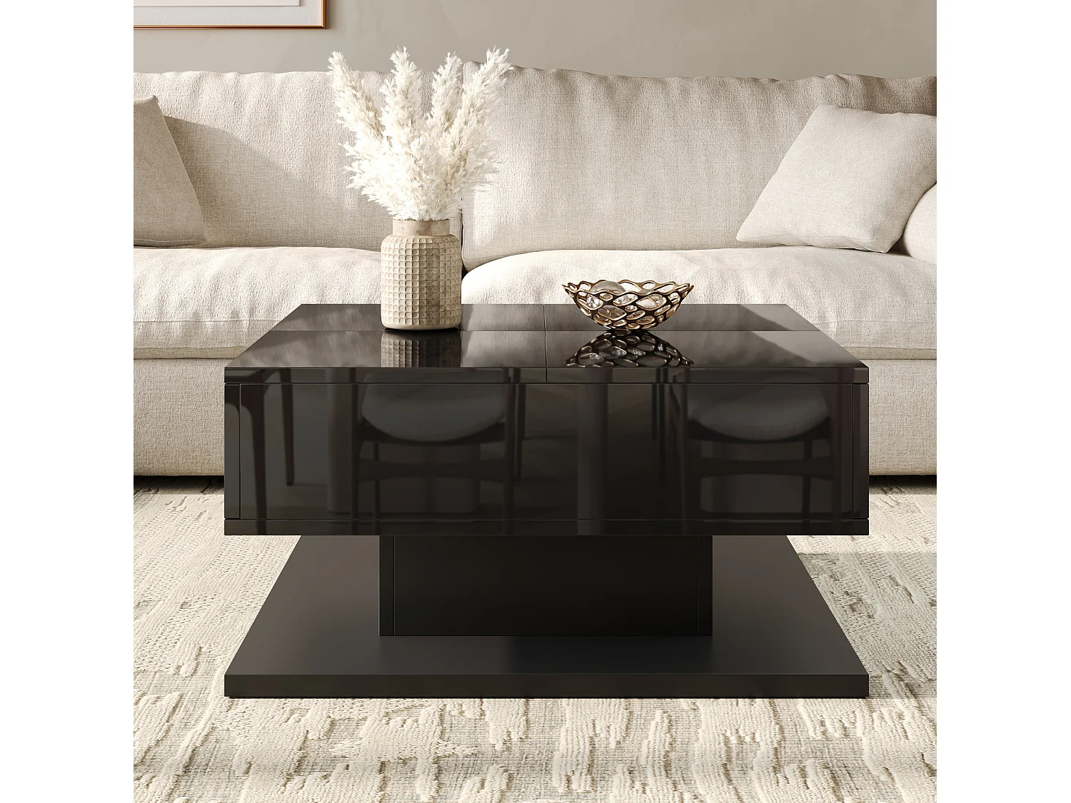 Table basse à plateau relevable avec 2 tiroirs et LED - MDF et panneaux de particules - 72 x 72 x 35 cm - Noir brillant
